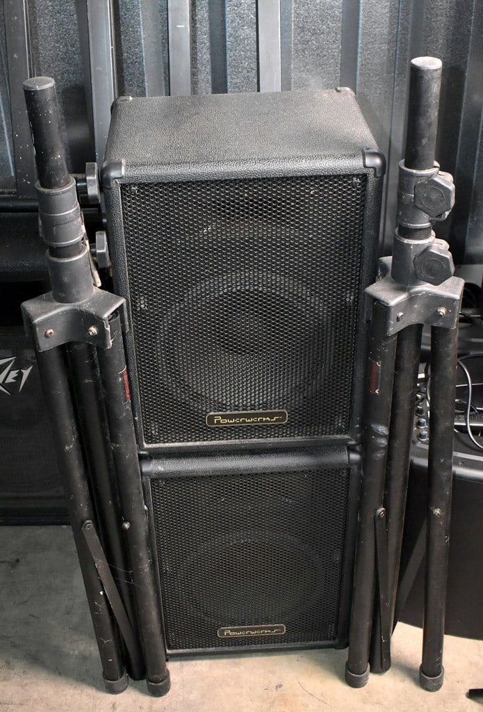 Pair of Powerwerx PW 100C, 100 W/8 Ohms Public Address/DJ/Stage Speakers with Tripod Stands