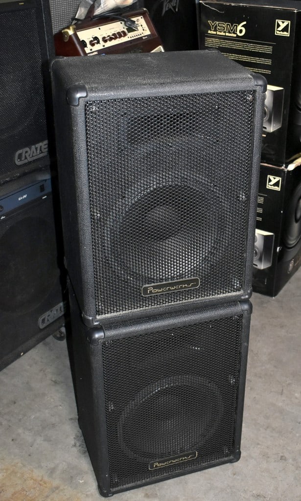 Pair of Powerwerx PW 100C, 100 W/8 Ohms Public Address/DJ/Stage Speakers with Tripod Stands - 2
