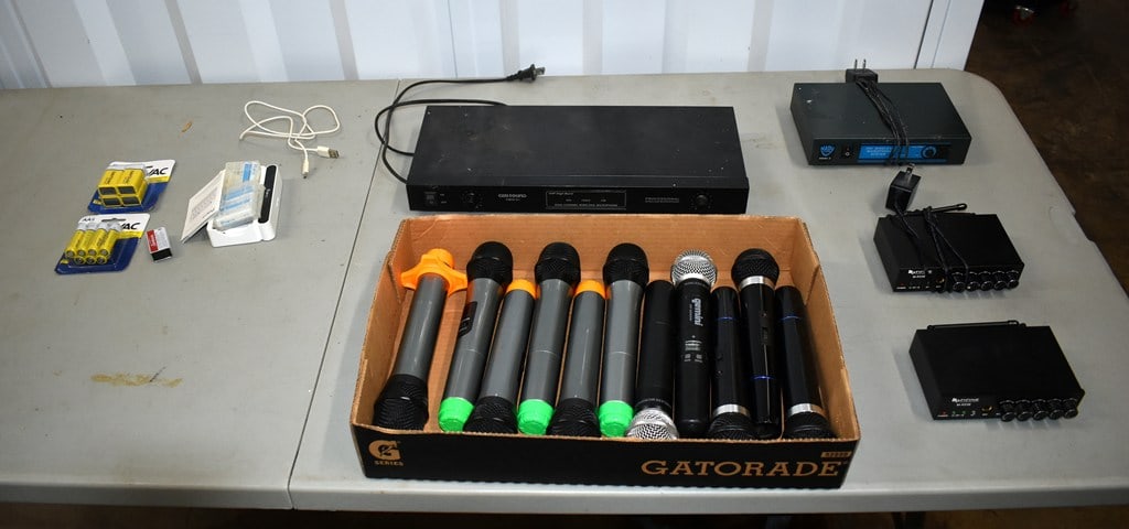 Lot of Gemini and Other Wireless Microphones; Nady, Fifine, Gemstone Vhf Systems: All remain untested. Please read “Auction Details” / “Terms of Sale” for preview, payment, pickup, shipping and other instructions. Lot includes the item(s) described in the