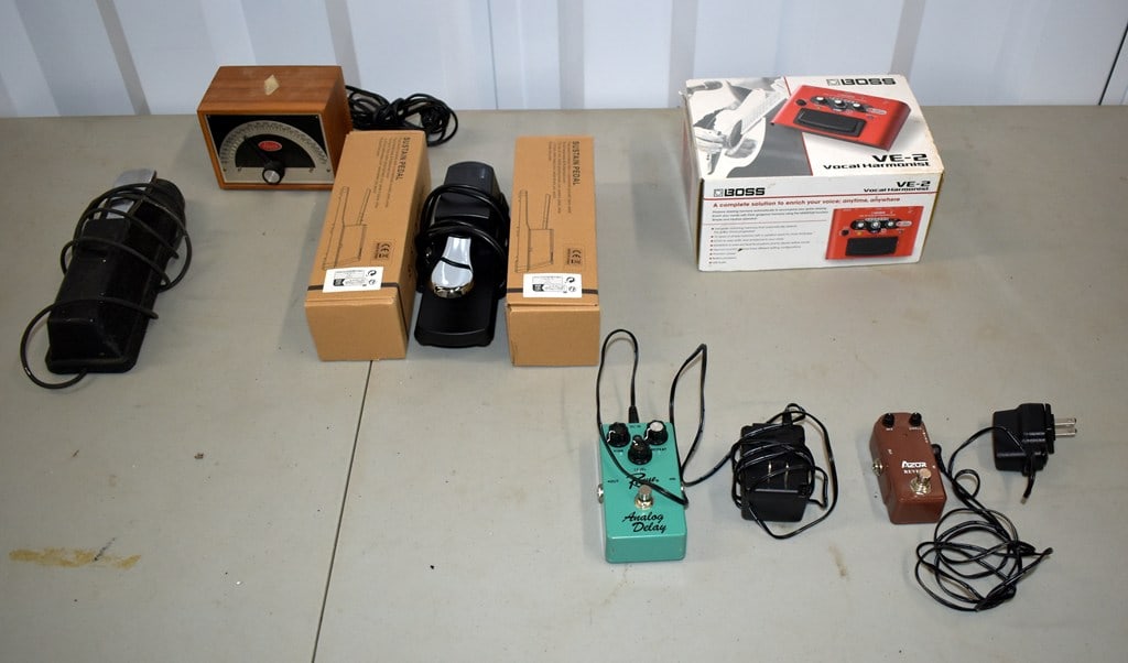 Lot of Guitar/Music Effects Gear and Electric Franz Metronome: Includes metronome, vintage Yamaha sustain pedal, 3 new Chinese make sustain pedals, Boss VE-2 Vocal Harmonist, Azor reverb pedal, and Rogue analog delay pedal. All remain untested. Please read “