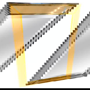 1970s Romeo Rega Style Mid-Century Modern Chrome and Brass Italian Wall Mirror: An amazing huge rectangularcwall mirror made in Italy in the Seventies, chromed metal and brass parts are in perfect conditions like the mirror glass, the white panels gives it an elegant vintage look