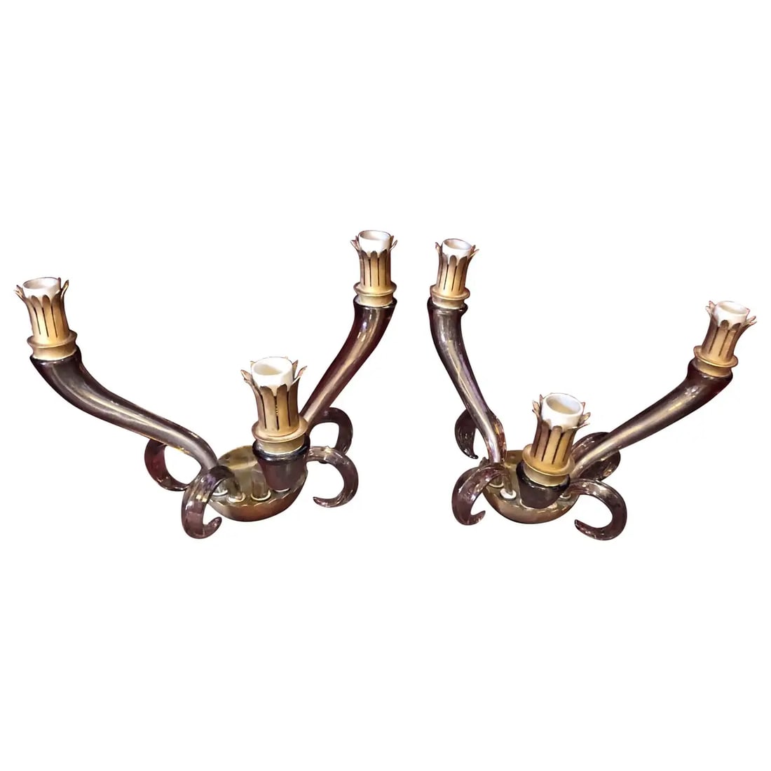 Two 1960s Barovier Seguso and Ferro Brown Murano Glass and Brass Wall Sconces (1 of 7)