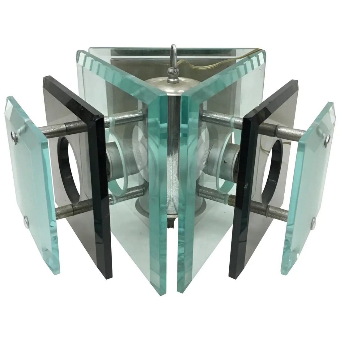 1970s Fontana Arte Style Space Age Steel and Heavy Glass Italian Pendant by Veca: This is a Space Age three-light chandelier in chrome, steel and green and gray heavy glass, it has been designed and manufactured in Italy by Veca in the style of Fontana Arte. There is only one small