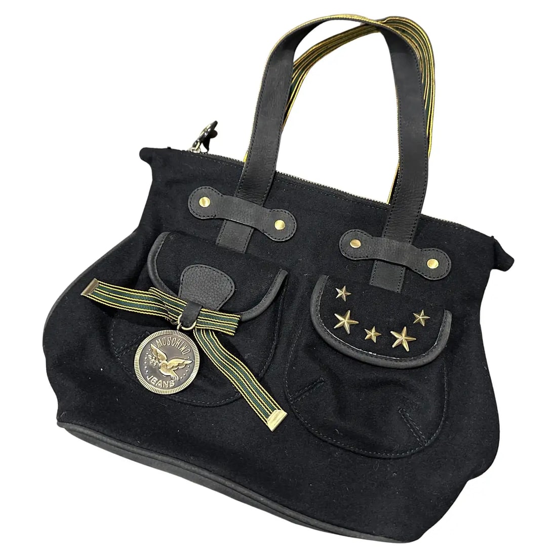 1990s Moschino Jeans Top Hande Bag by Franco Moschino: This rare and authentic Moschino Jeans top handle bag is a fantastic piece from the late 1990s, designed under the creative direction of Franco Moschino himself. This playful yet chic bag is crafted f