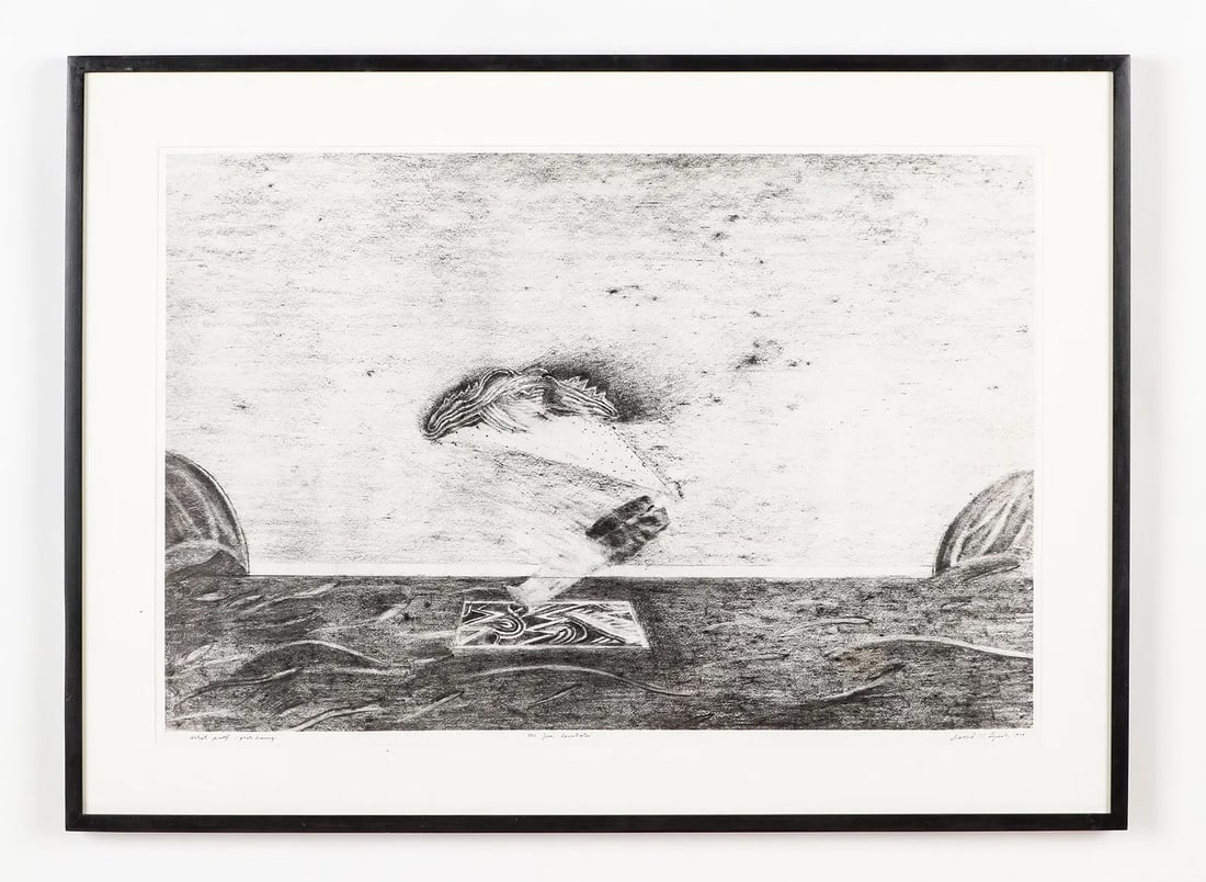 David Lynch (1946-2025) "Mr. Jim Levitates" 1979, Exhibited Photo Drawing: David Lynch (1946-2025) "Mr. Jim Levitates," 1979, silver gelatin photo drawing, hand-signed, titled and dated in ink. Framed. Size: 18'' x 28'', 46 x 71 cm (image); 25'' x 34.5'', 64 x 88 cm (frame).