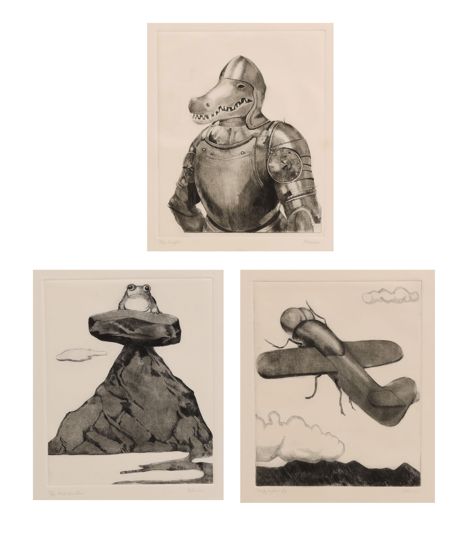 (3 Etchings) Tom Palmore (American, b. 1945): Tom Palmore (American, b. 1945) 3 Etchings, including "Fly Airplane Fly", "Knight", and "Toad Mountain", each signed, titled and numbered (limited ed.). Unframed. Size: 15 x 13.75 (largest sheet). Pro