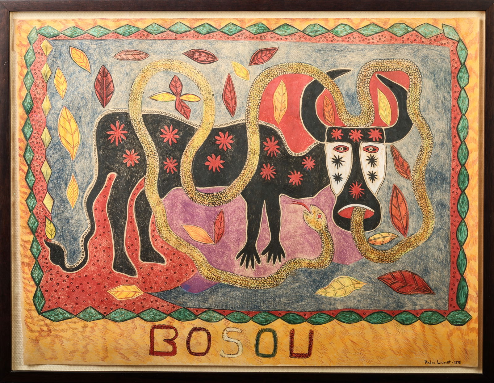 Andre Laurent (20th c.) "Bosou", 1978: Andre Laurent (Haitian/Cap-Haitien, 20th c.) "Bosou", 1978, mixed-media on paper, signed and dated. Framed. Size: 18'' x 23.5'', 46 x 60 cm (sheet); 20'' x 25.5'', 51 x 65 cm (frame). Provenance: Ex.