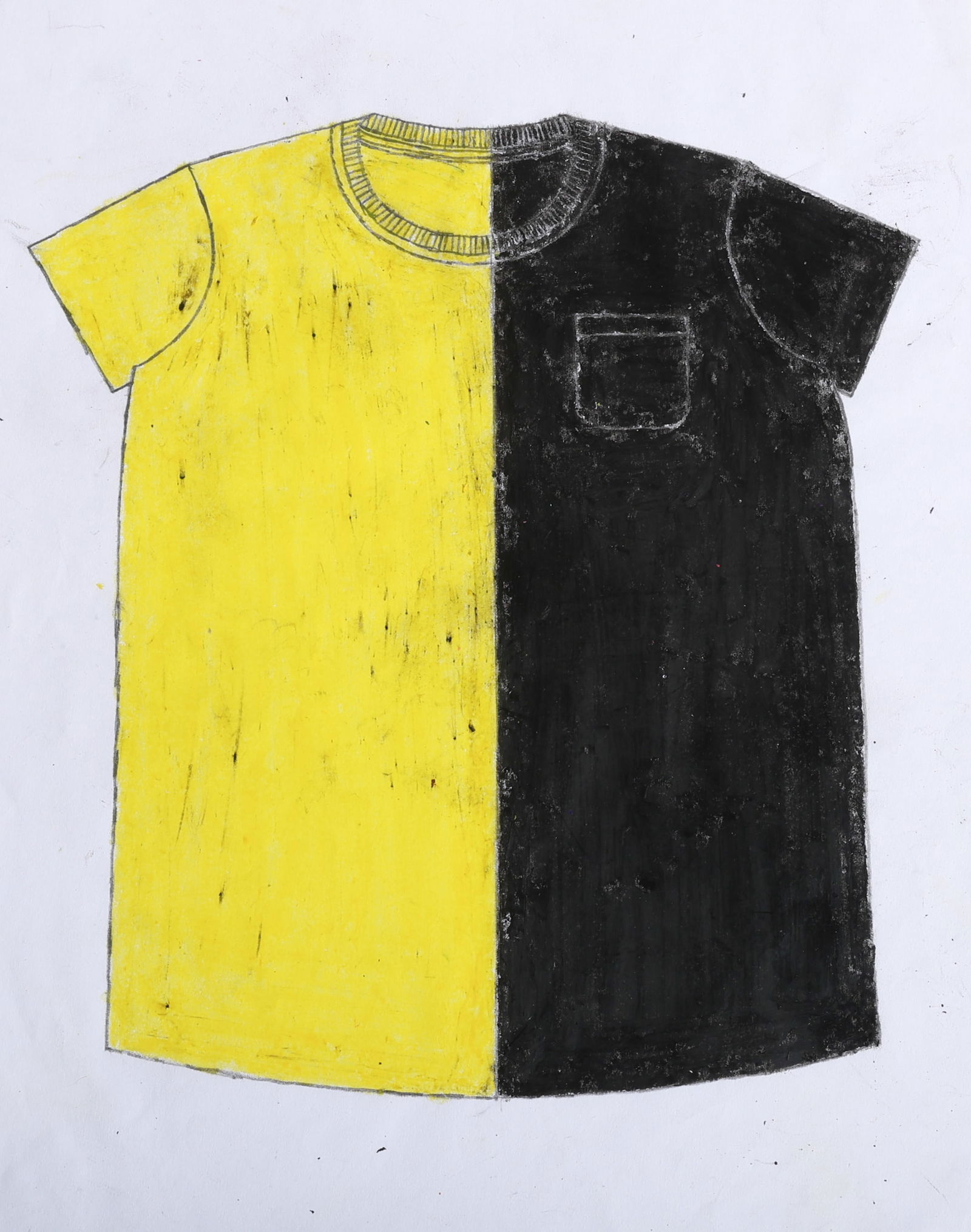 Woodley White (20th c.) Drawing: Woodley White (20th c.) Untitled (Half Yellow, Half Black T-Shirt), 2023, Crayon and graphite drawing on paper. Size: 11'' x 8.5'' (28 x 22 cm).