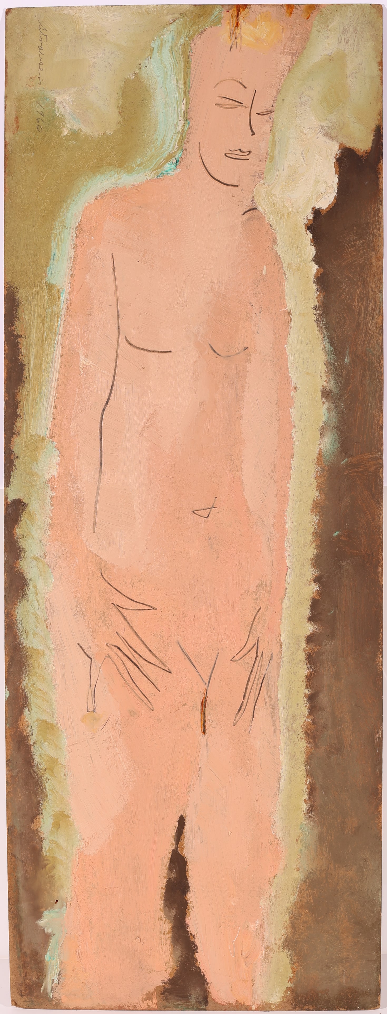 Sterling Strauser (1907-1995) Large Nude Oil Painting: Sterling Strauser (Pennsylvania, 1907-1995) Nude, 1960, oil painting on masonite, signed and dated. Unframed. Size: 48'' x 18'' (122 x 46 cm).