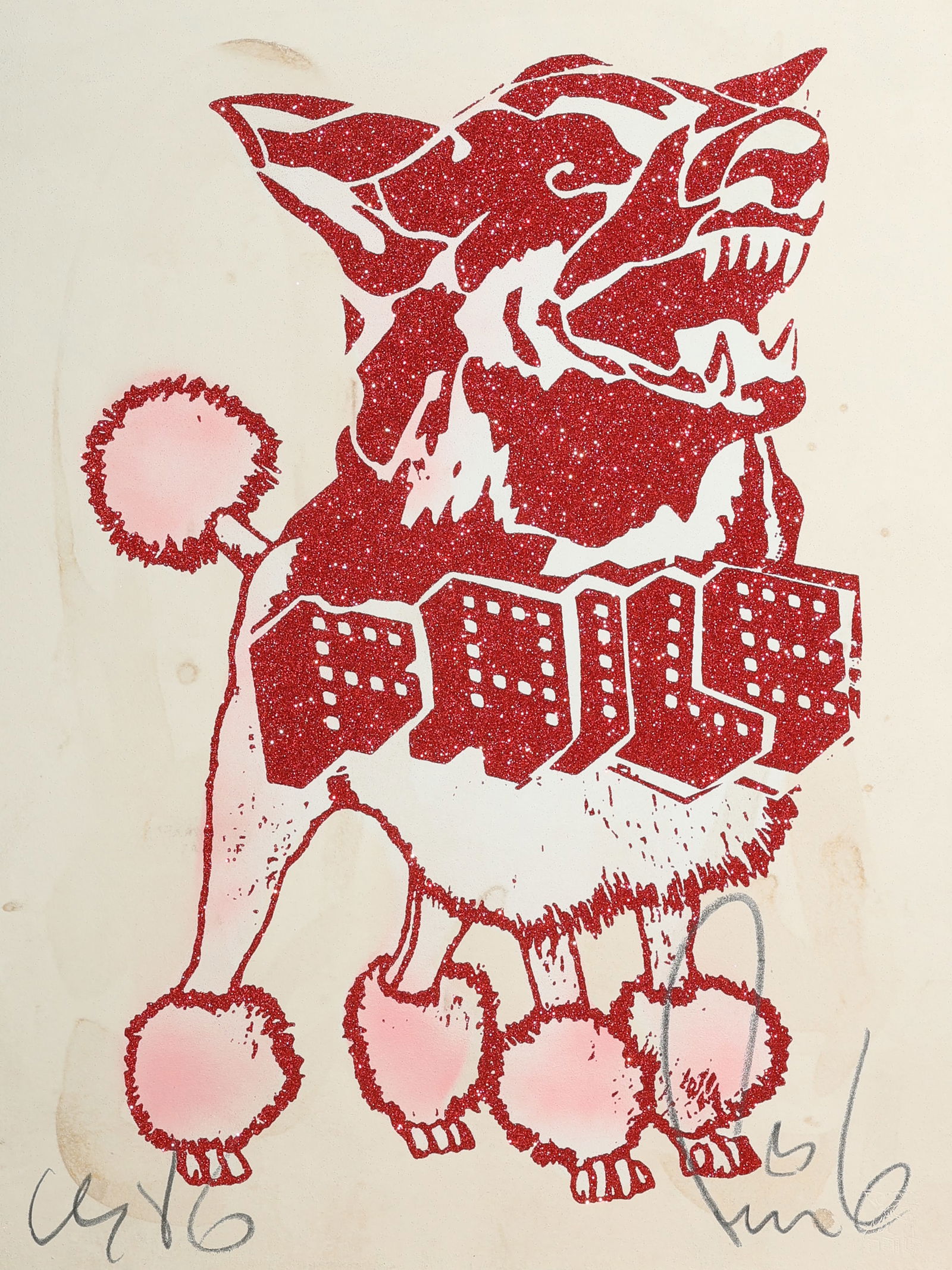 FAILE "Diamond Doodle", 2022 (Ed. 25): FAILE (Brooklyn, NY, 20th c.) "Diamond Doodle", 2022, Mixed Media Multiple on paper, Red /??Tan Edition, Acrylic, spray paint, silkscreen ink and glitter, Signed, Stamped and Embossed (Ed. 25). Size: