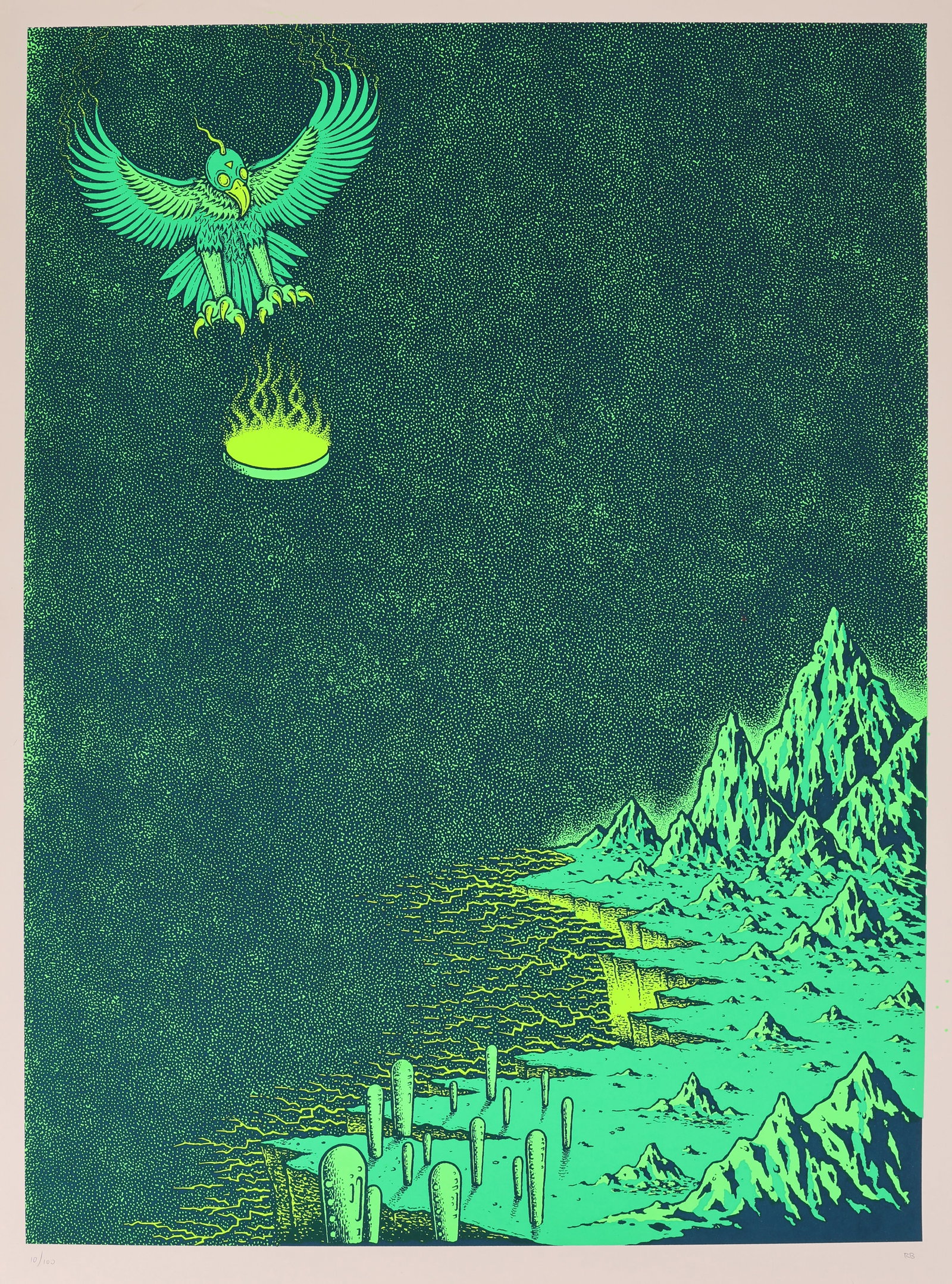 Rodger Binyone (@noman_binyone) Screenprint (ed. 100): Rodger Binyone (@noman_binyone) Screenprint (Glow in the Dark), signed and numbered (ed. 100). Provenance: Acquired at Space 1026. Size: 20'' x 15'', 51 x 38 cm (image); 21.5'' x 16'', 55 x 41 cm (she