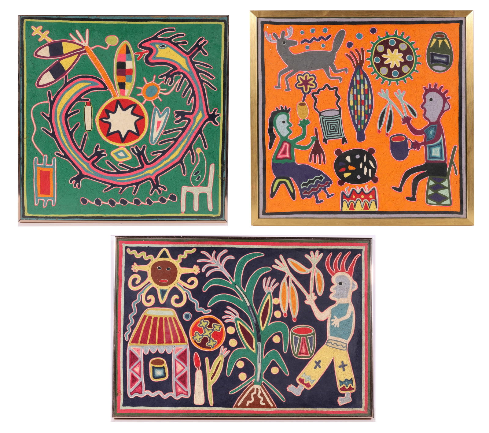 Collector's Lot of (3) Huichol Mexican Folk Art (20th c.) Shaman Yarn Paintings (1 of 11)