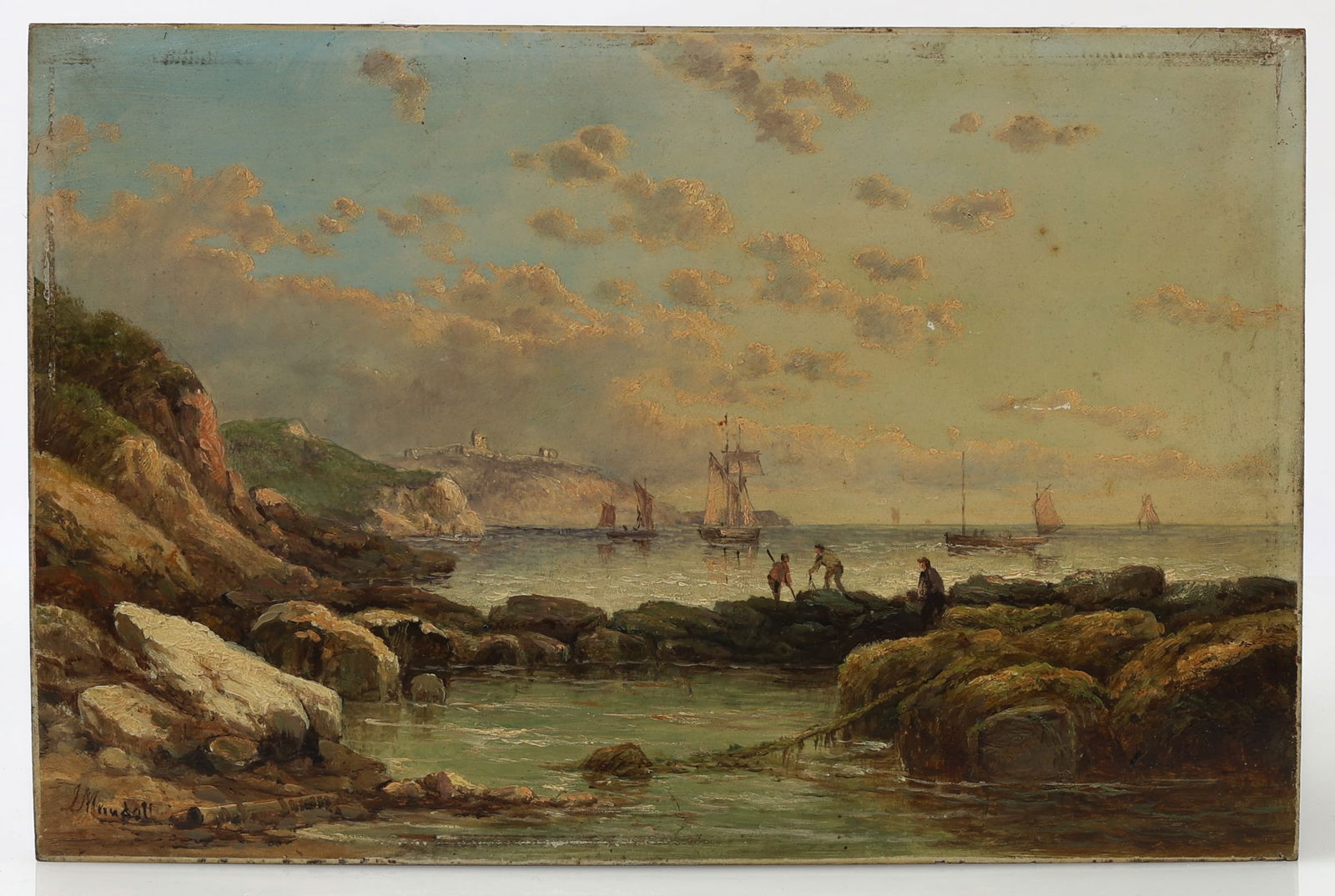 John Mundell (1818-1875) Fisherfolk Seascape Oil Painting (1 of 3)