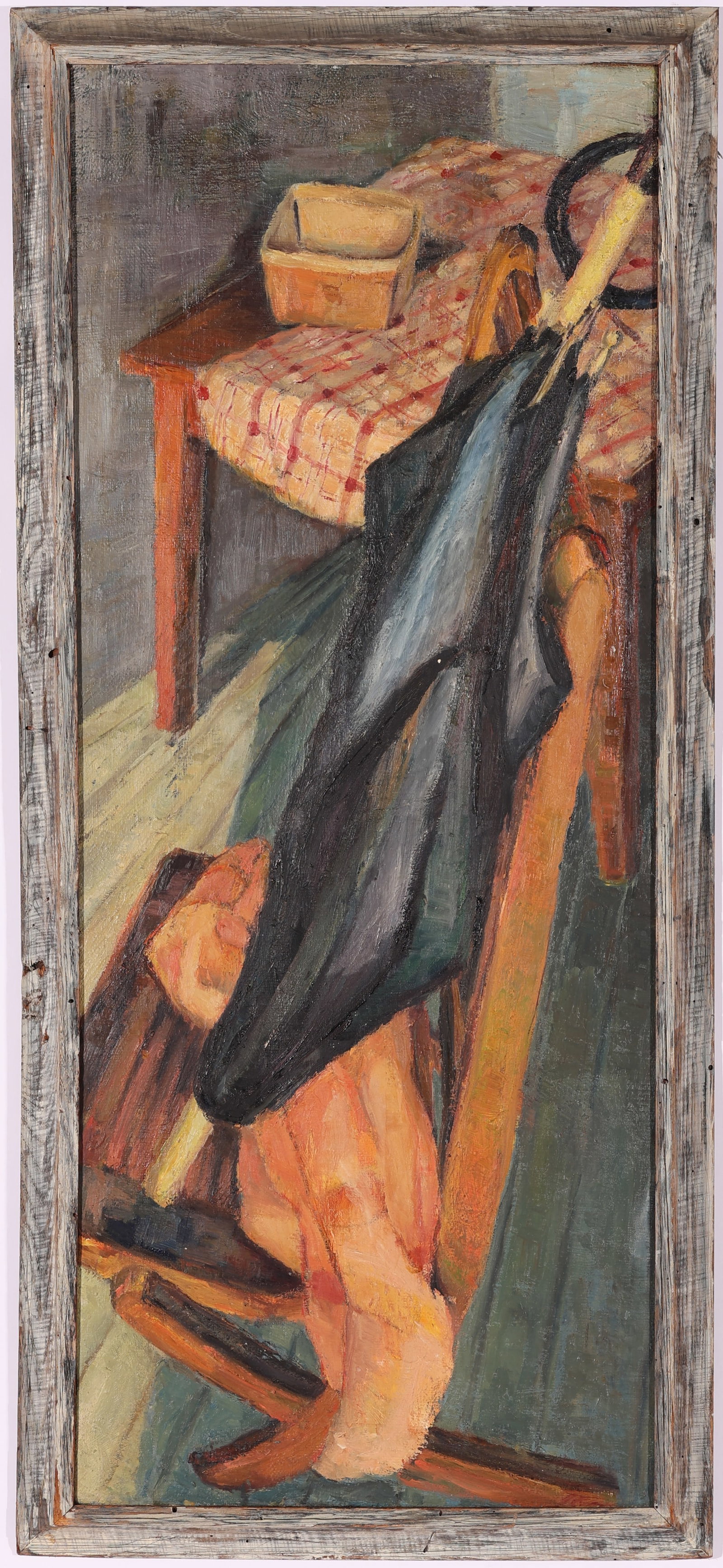 Still Life with Umbrella: Still Life with Umbrella, oil painting on canvas, signed "L. Eaton". Size: 29'' x 12'', 74 x 30 cm (stretcher); 31.5'' x 14'', 80 x 36 cm (frame). Unframed. From a Main Line Estate.