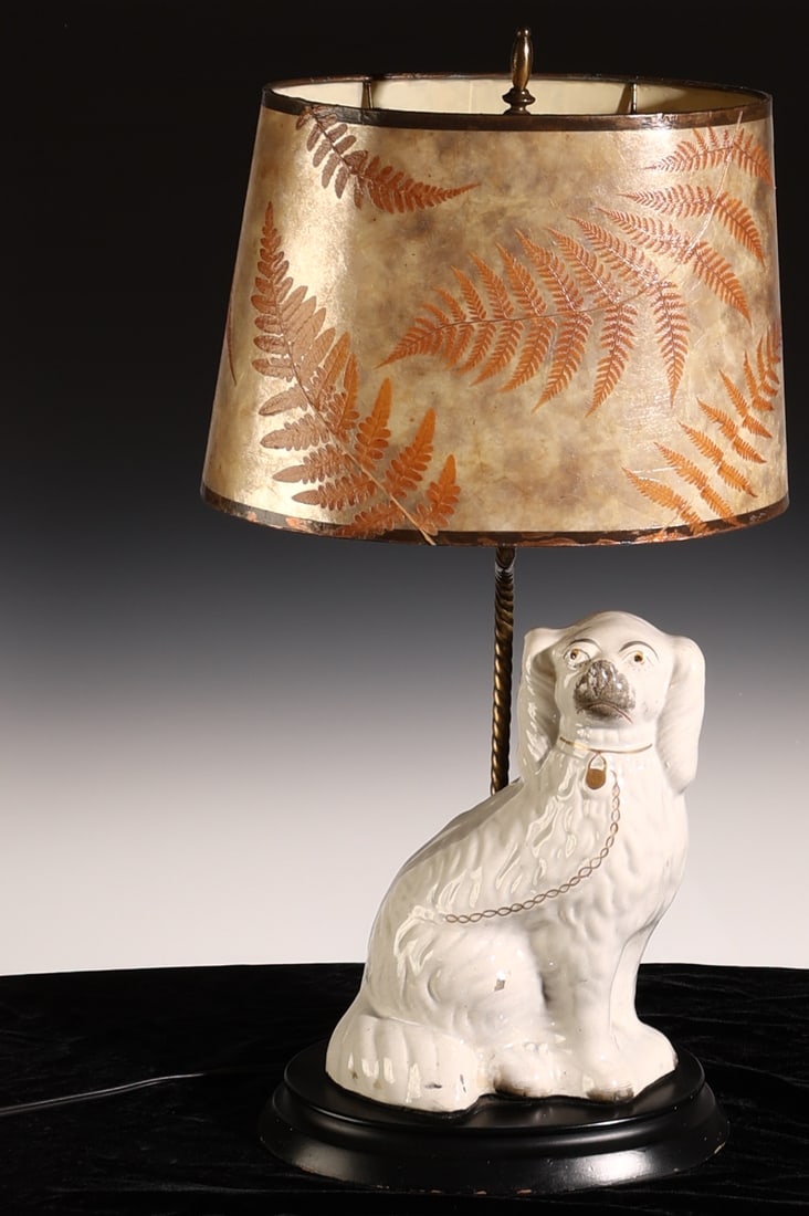 Staffordshire Dog Lamp with Fern Lampshade: Staffordshire Dog Lamp, with Handmade Fern Botanical Lampshade. Suburban Philadelphia Estate. Overall Size (with shade): 24'' x 12'' x 8'' (61 x 30 x 20 cm); Dog: 10.25'' H (26 cm).