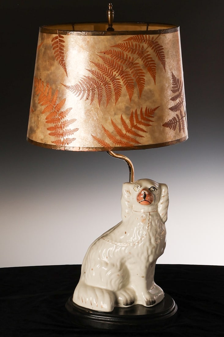 Staffordshire Dog Lamp with Fern Lampshade: Staffordshire Dog Lamp, with Handmade Fern Botanical Lampshade. Suburban Philadelphia Estate. 24'' x 11'' x 7'' (61 x 28 x 18 cm); Dog: 10'' H (25 cm).