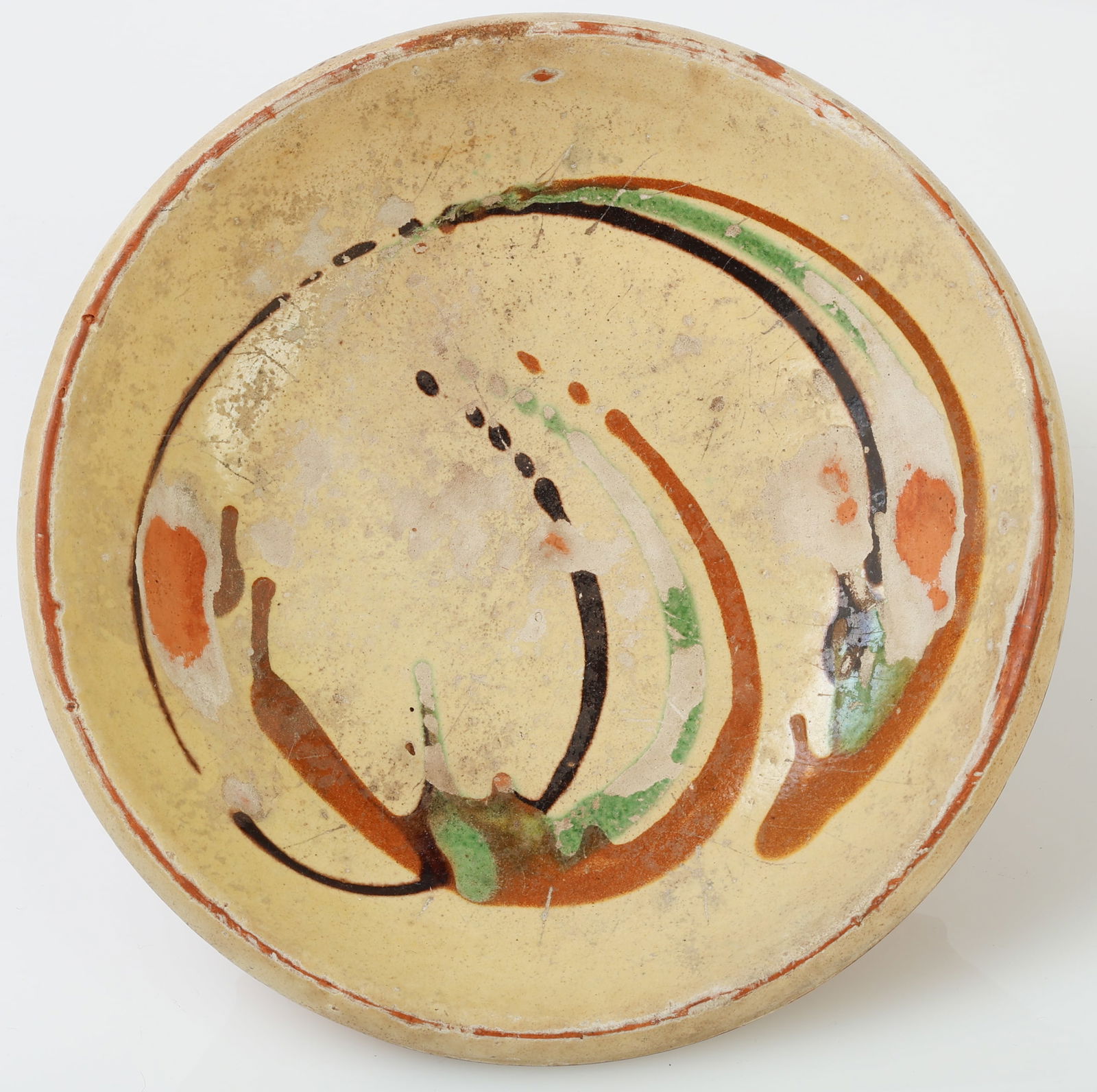 Antique French Jaspe Redware Bowl: Antique French Jaspe Redware Bowl, Soufflenheim Savoie. Size: 10'' x 10'' x 1.75'' (25 x 25 x 4 cm).