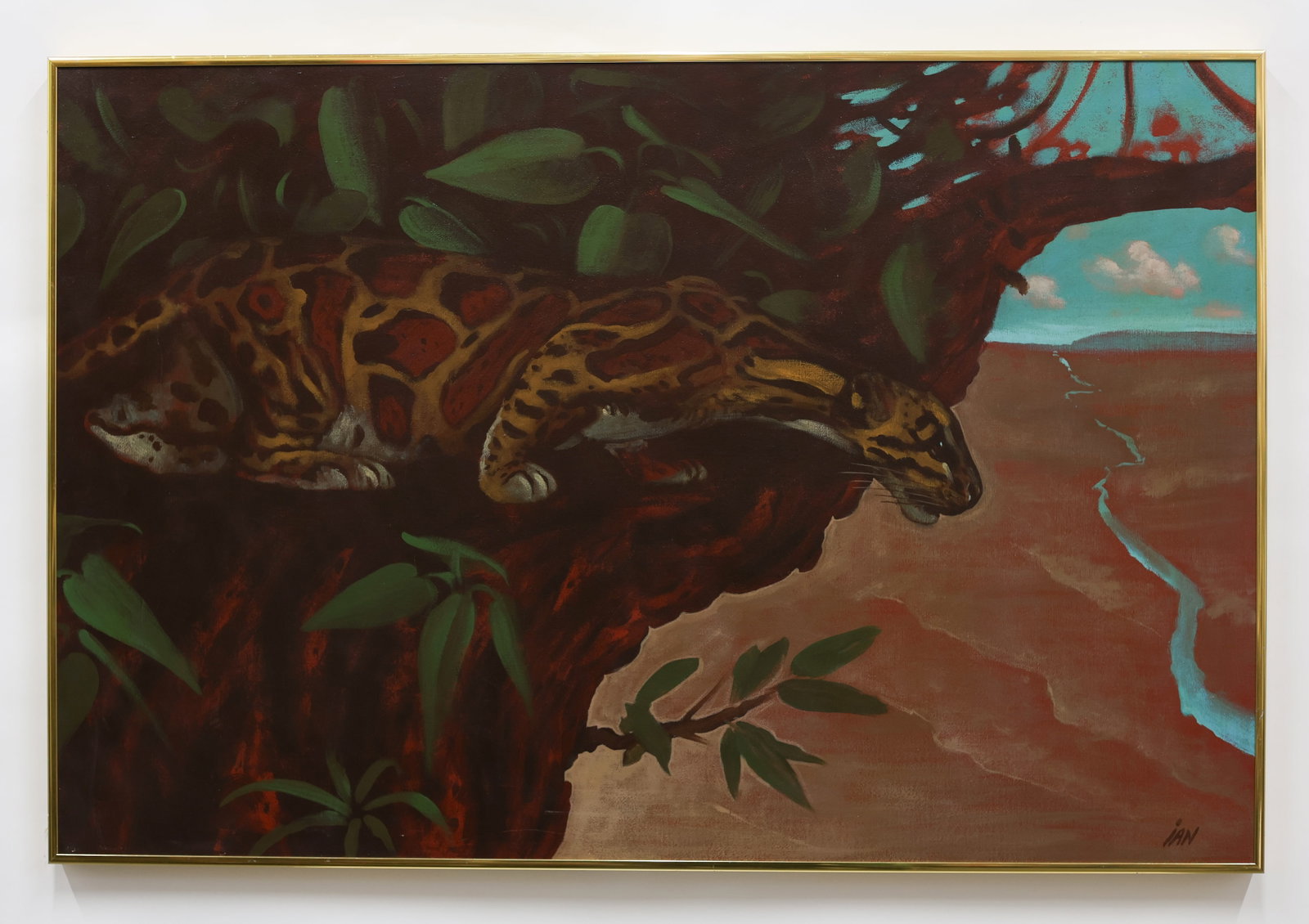Vintage "Panther" Painting: Vintage "Panther" Painting on Canvas, signed. Framed, signed "Ian". Framed. Size: 24'' x 36'', 61 x 91 cm (stretcher); 24.5'' x 36.5'', 62 x 93 cm (frame).