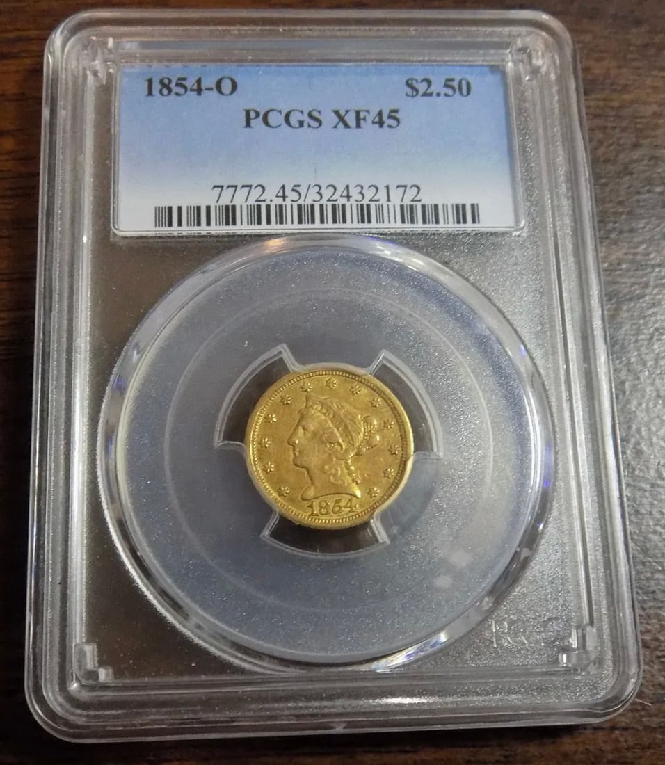 1854-O $2.50 PCGS XF45 US GOLD COIN: 1854-O $2.50 PCGS GRADED XF45 ANTIQUE AMERICAN US GOLD COIN.