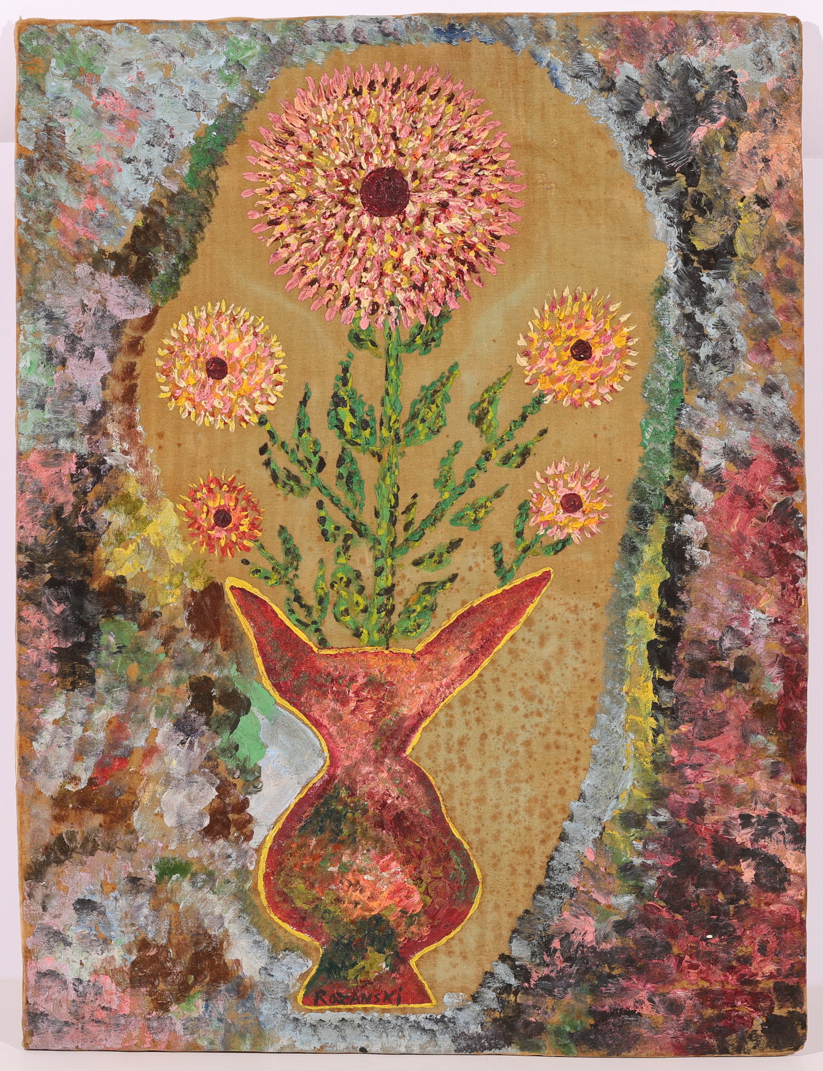 Rozanski (20th c.) "Pink Flowers in Vase": Rozanski (20th c.) "Pink Flowers in Vase", oil painting on felt over cardboard, signed. Unframed. Provenance: Eric Makler Gallery (label on verso). Size: 24'' x 18'' (61 x 46 cm).