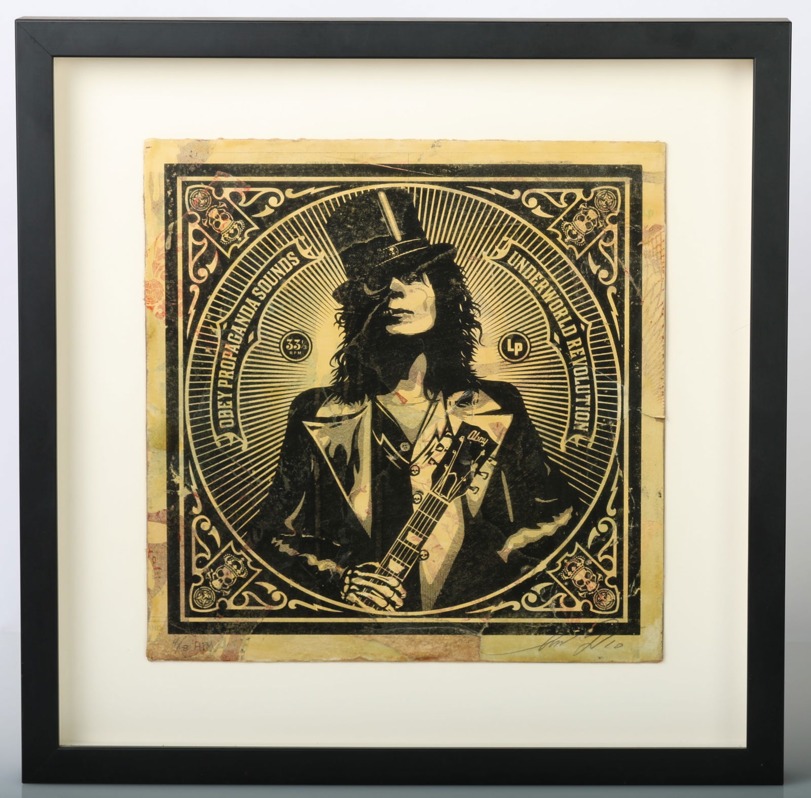 Shepard Fairey (b. 1970) "Underworld Revolution" (HPM): Shepard Fairey (American, b. 1970) "Underworld Revolution", 2010, hand painted multiple, silkscreen and collage on album cover, signed, dated and numbered, from a limited edition of 8. Provenance: Acq