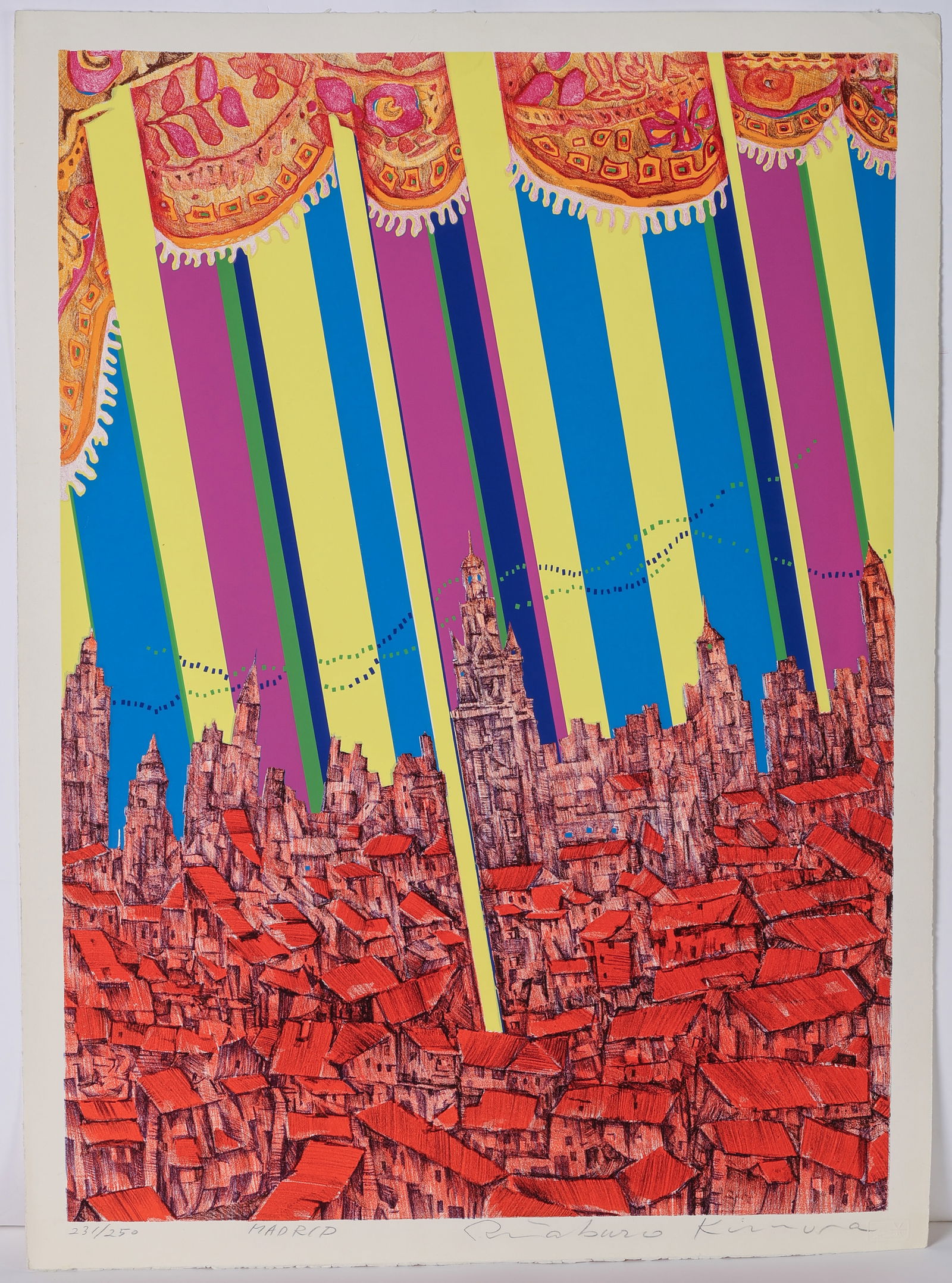 Risaburo Kimura (1924-2014) "MADRID": Risaburo Kimura (Japanese, 1924-2014) "MADRID", serigraph from "Great Cities of the World", signed, titled and numbered. Note: creasing, discoloration. Unframed. Size: 30'' x 22'', 76 x 56 cm (sheet).