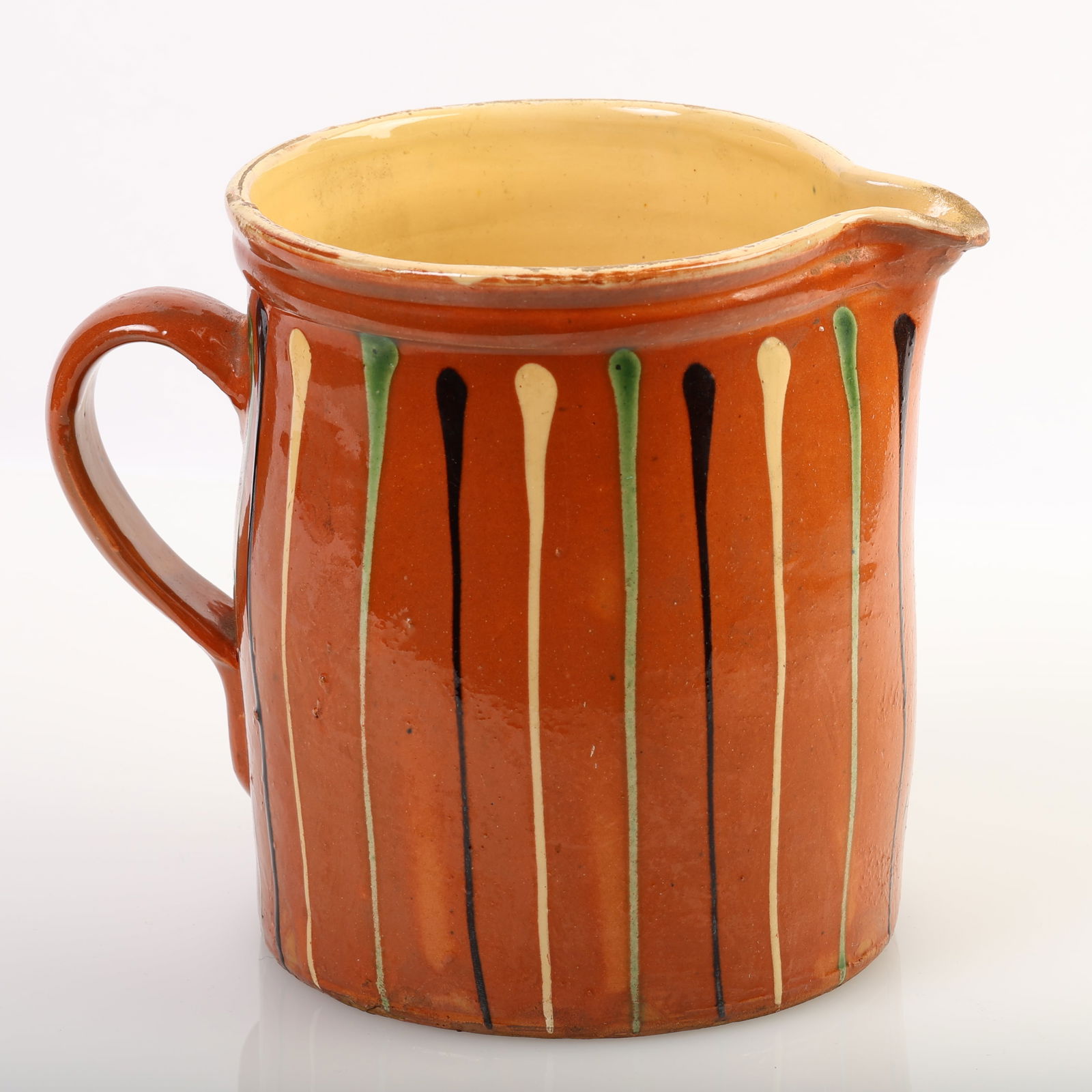 XL Antique French Redware Soufflenheim Savoie Jaspe Striped Pitcher: XL Antique French Redware Soufflenheim Savoie Jaspe Striped Pitcher. Size: 7'' x 8.5'' x 6'' (18 x 22 x 15 cm).