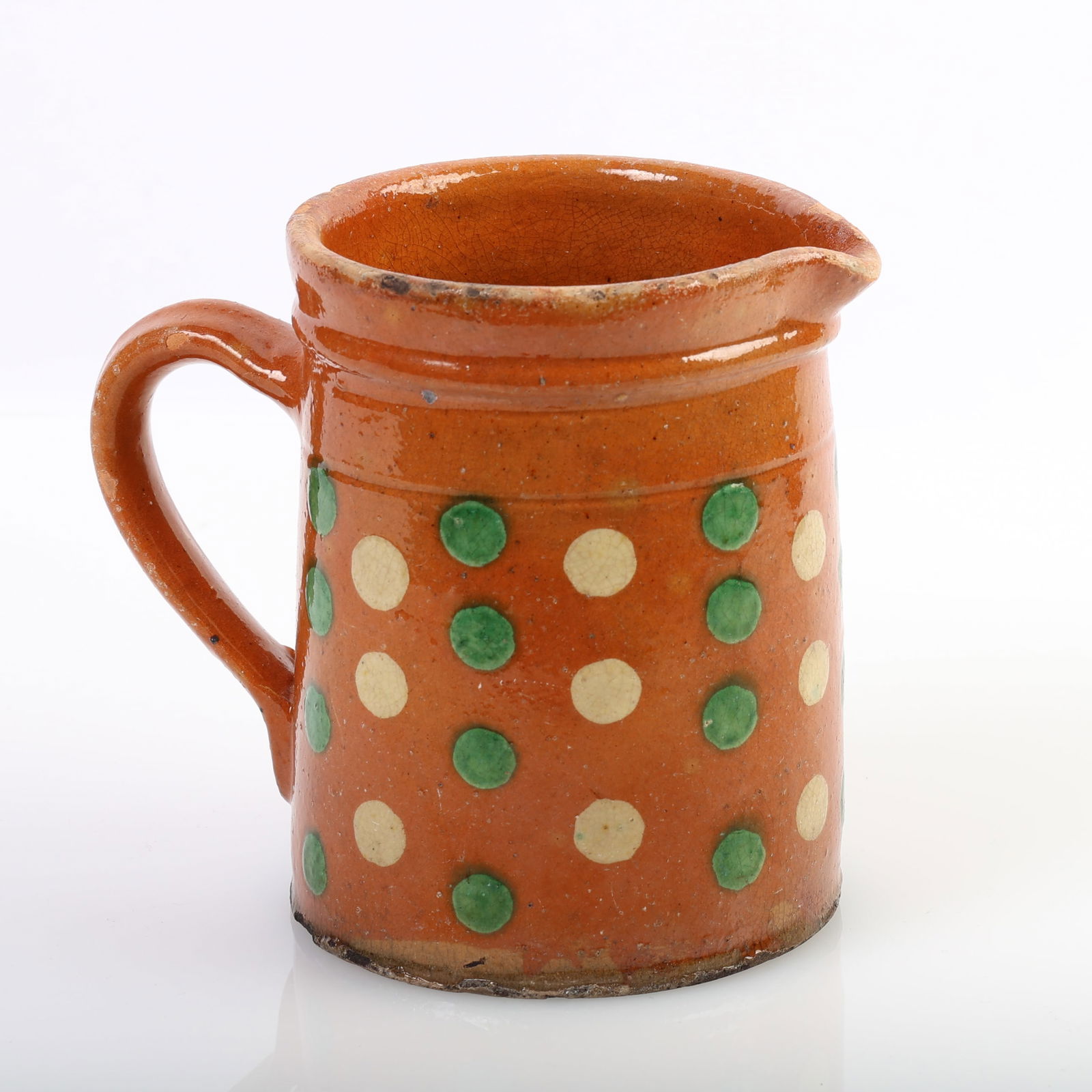 Antique French Jaspe Redware Polka Dot Pitcher: Antique French Redware Polka Dot Pitcher, Soufflenheim Savoie Jaspe. Size: 5.75'' x 6.75'' x 4.25'' (15 x 17 x 11 cm).
