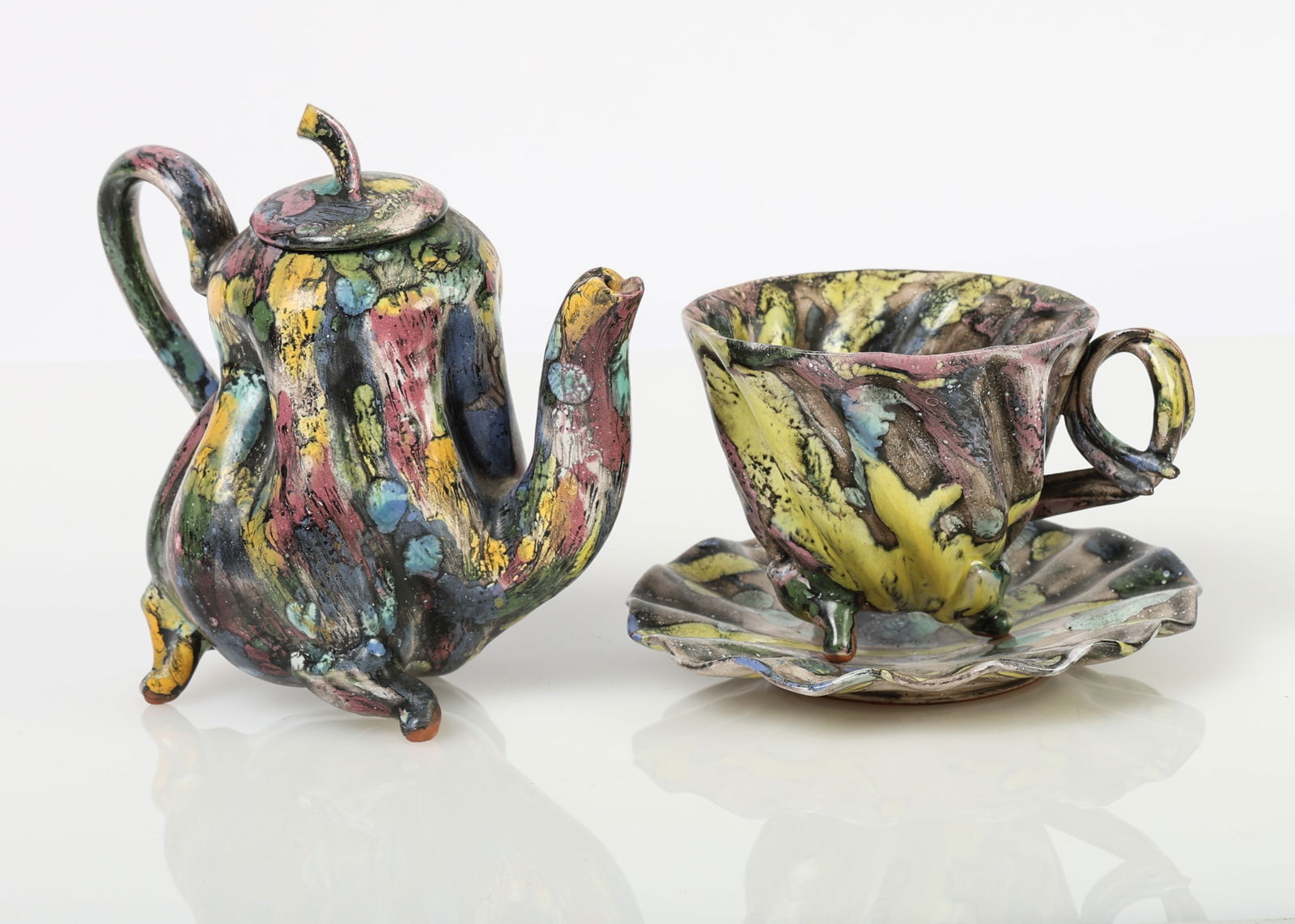 Karl Fulle (German) Dancing Stoneware Tea Set: Karl Fulle (German) "Dancing Teapot, Teacup and Saucer Set," stoneware ceramic, 1994, each signed. Size: 7'' x 7'' x 4'', 18 x 18 x 10 cm (teapot); 4'' x 5.5'' x 4.5'', 10 x 14 x 11 cm (cup); 6'', 15