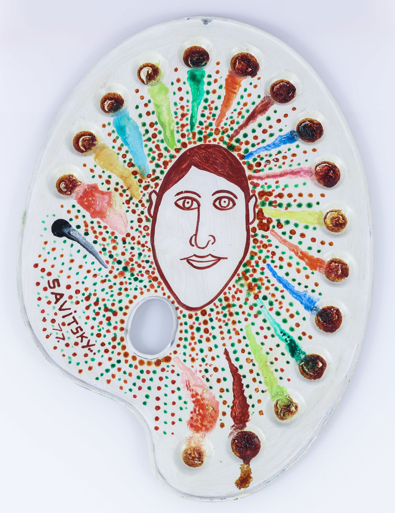 Jack Savitsky (1910-1991) "Self Portrait" on Pallet (1977): Jack Savitsky (Pennsylvania, 1910-1991) "Self Portrait", 1977, Painting on found artist's pallet, signed. Unframed. Size: 15'' x 10.5'' (38 x 27 cm).