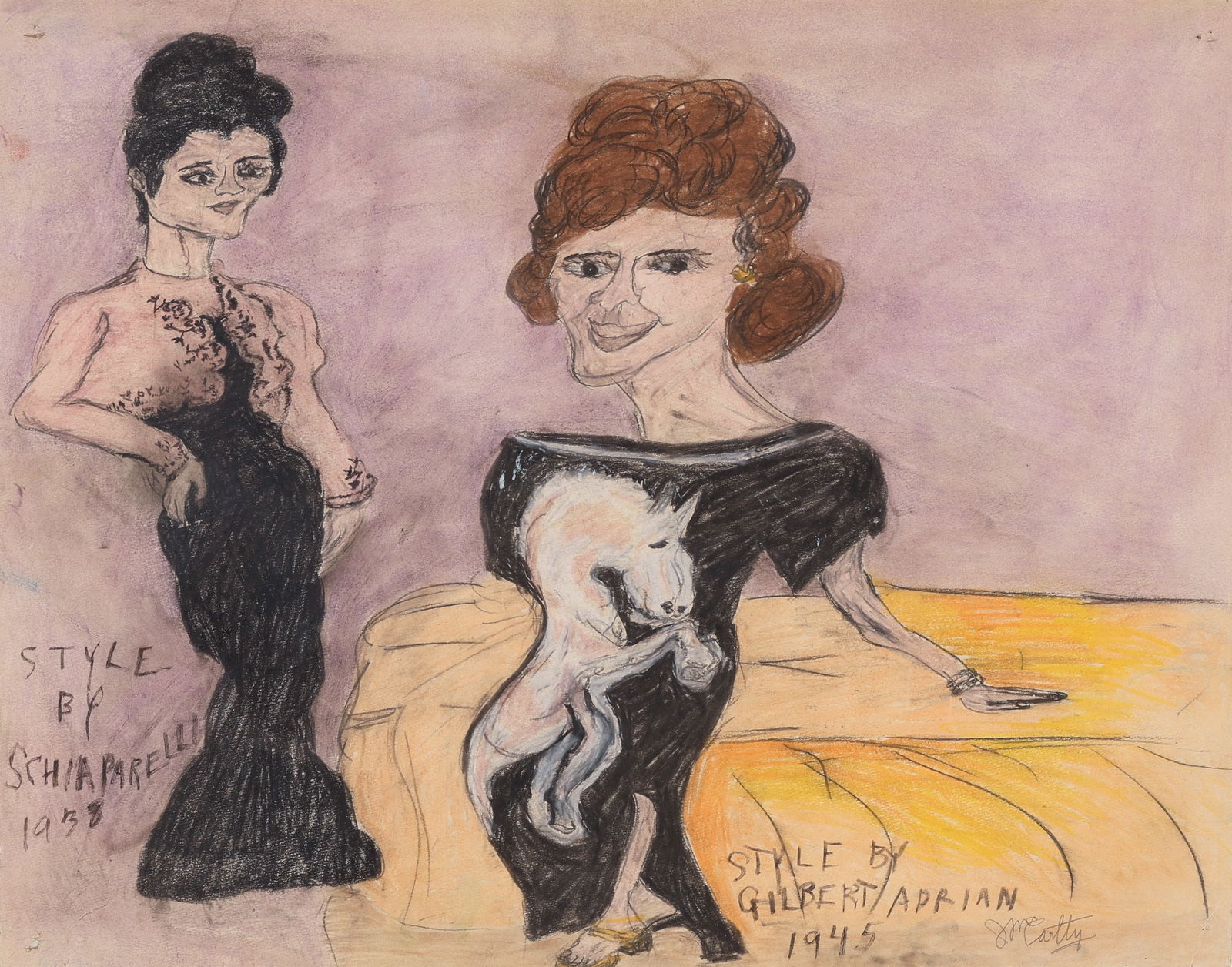 Justin McCarthy (1891-1977) Fashion Drawing, 22'' x 28'': Justin McCarthy (1891-1977) Fashion Drawing: Style by Schiaparelli 1938, Style by Gilbert Adrian 1945", mixed media work on paper, signed. Framed. Note: Pinholes, tear. Size: 22'' x 28'', 56 x 71 cm