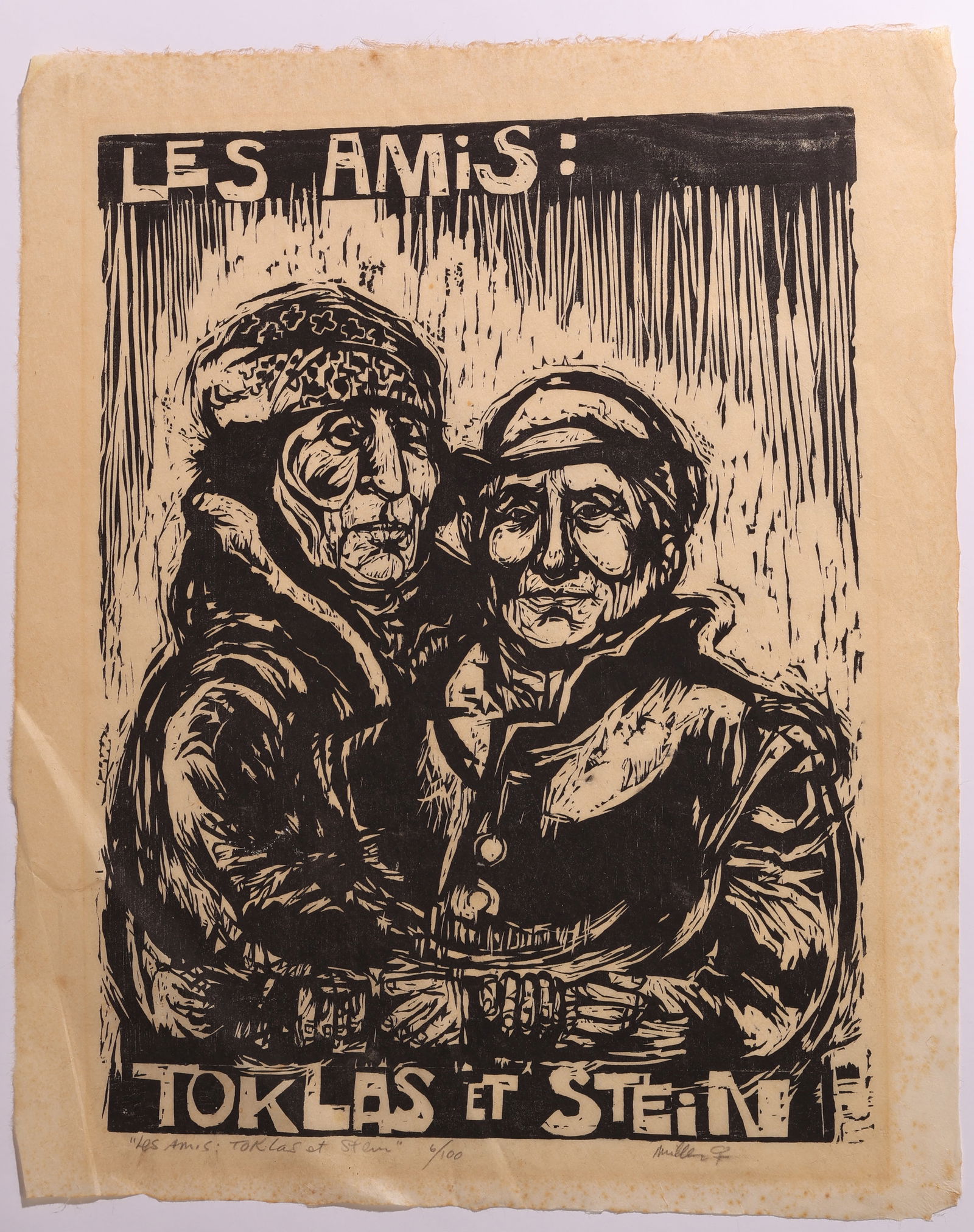 Marlene E. Miller "Les Amis Toklas et Stein" Woodcut: Marlene E. Miller (American/PA, b. 1934) "Les Amis Toklas et Stein", depicting feminist icons Alice B. Toklas and Gertrude Stein, woodcut on paper, signed and numbered (ed. 100). Size: 24'' x 19.5'' (