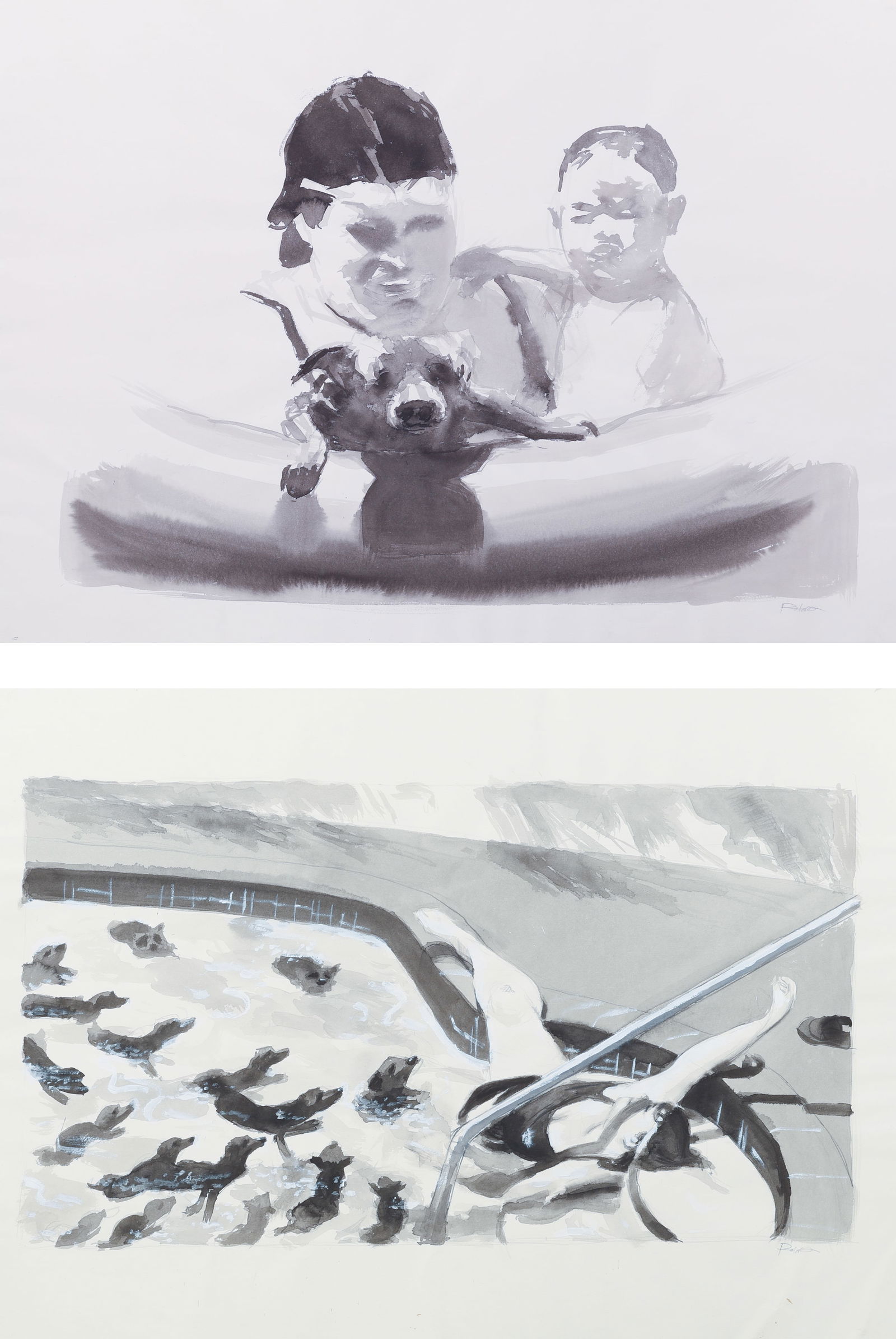 (2 Works) Roland Becerra (20th c.) "Swimmer" Paintings on Paper (1 of 3)