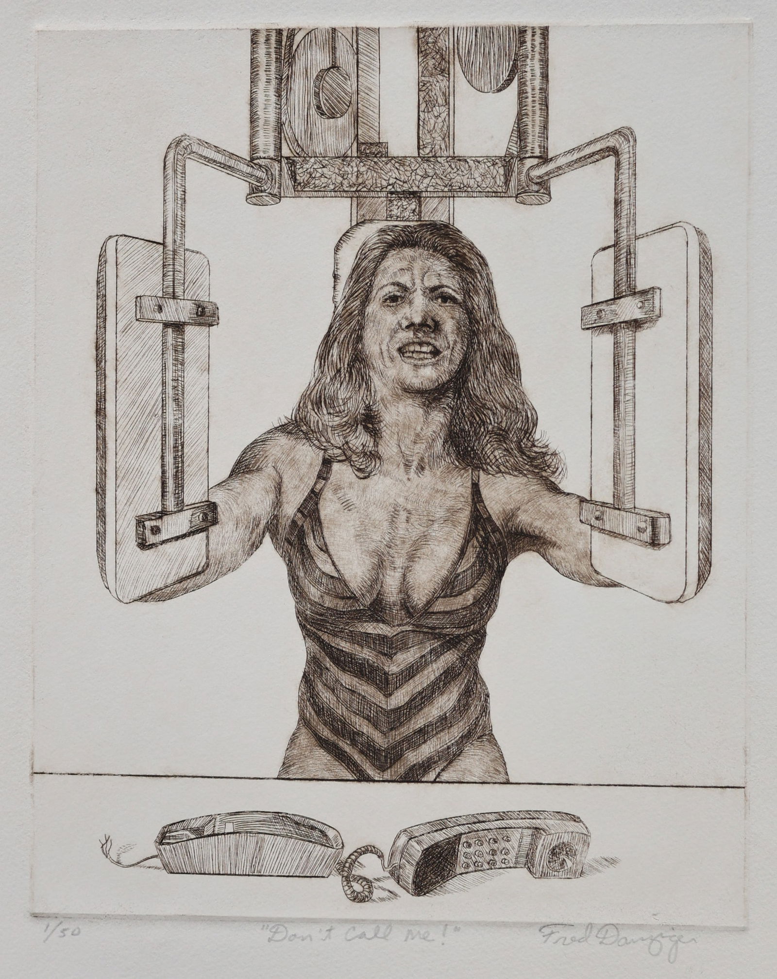 Fred Danziger (b. 1946) "Don't Call Me!" Etching: Fred Danziger (American, b. 1946) "Don't Call Me!", etching, signed and numbered (ed. 50). Size: 9.75'' x 7.75'', 25 x 20 cm (plate); 15'' x 11'', 38 x 28 cm (sheet). Provenance: Private Collection; R