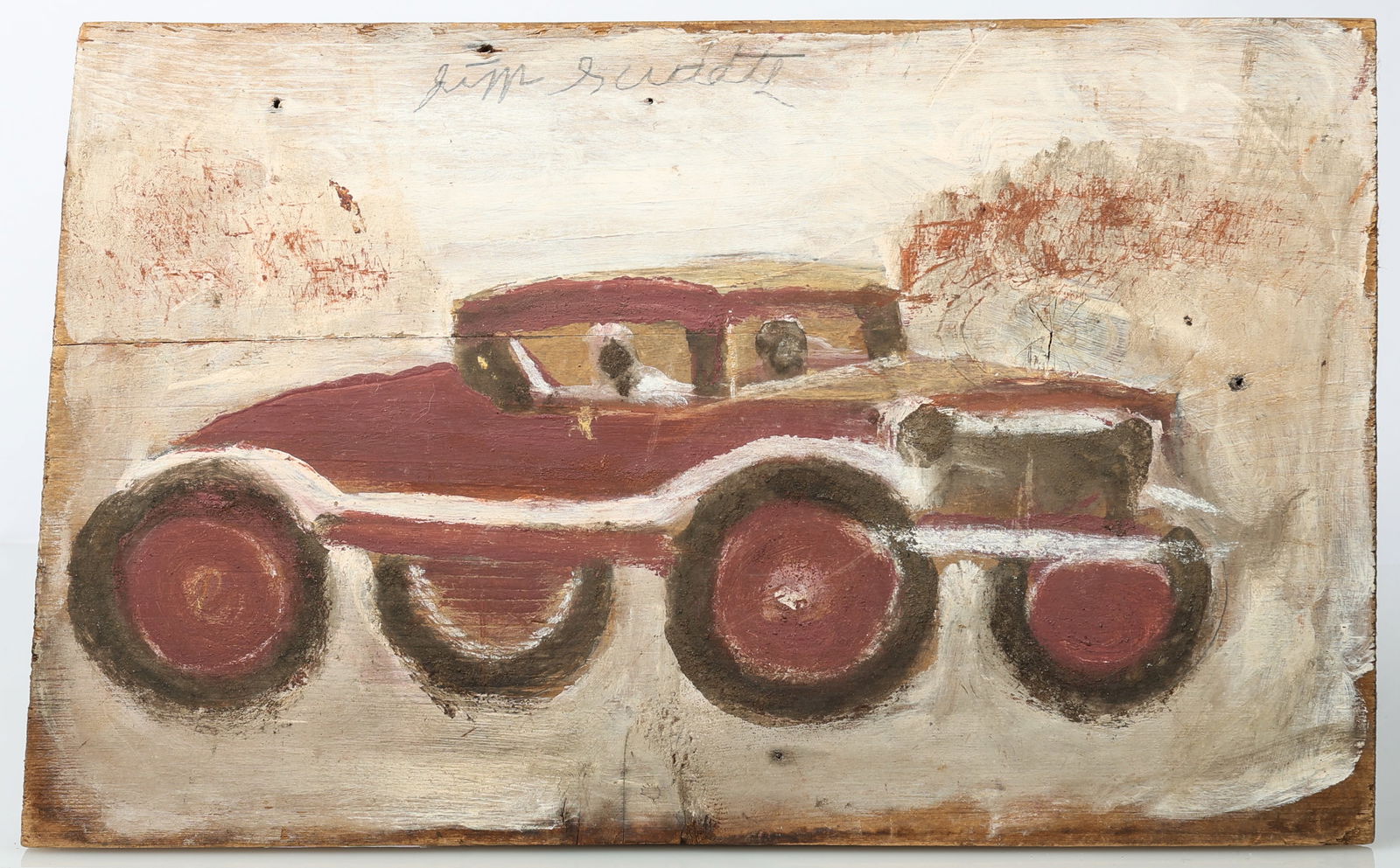 Jimmy Lee Sudduth (1910-2007) "Old Red Car": Jimmy Lee Sudduth (American/Alabama, 1910-2007) "Old Red Car", c. 1990s, Folk Art Mud Painting on wood, signed. Size: 11'' x 18'' (28 x 46 cm). Unframed.