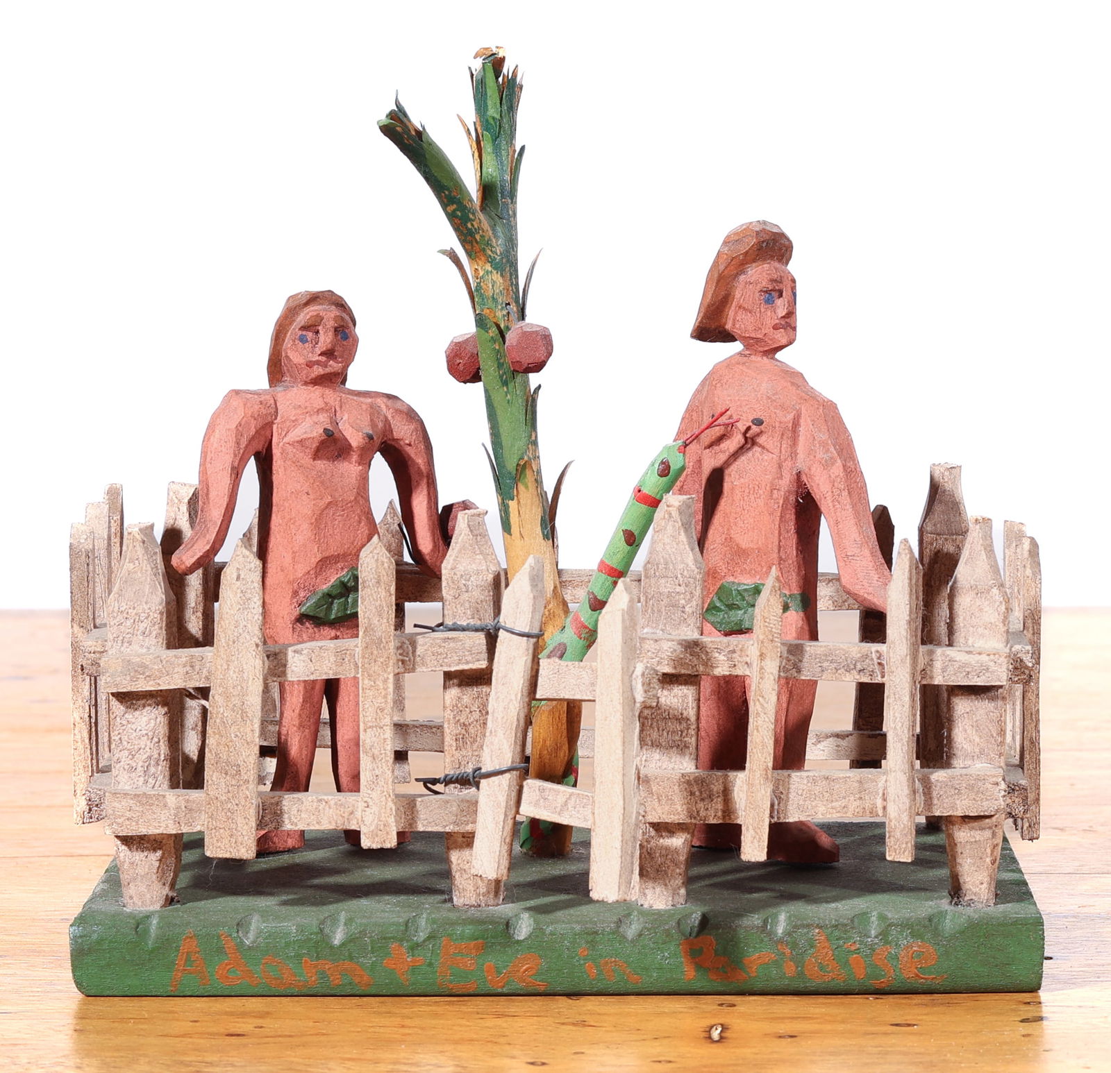 "Adam and Eve" Folk Art Sculpture: "Adam and Eve" Carved and Painted Wood Folk Art Sculpture. Size: 5.5'' x 6'' x 3.5'' (14 x 15 x 9 cm).