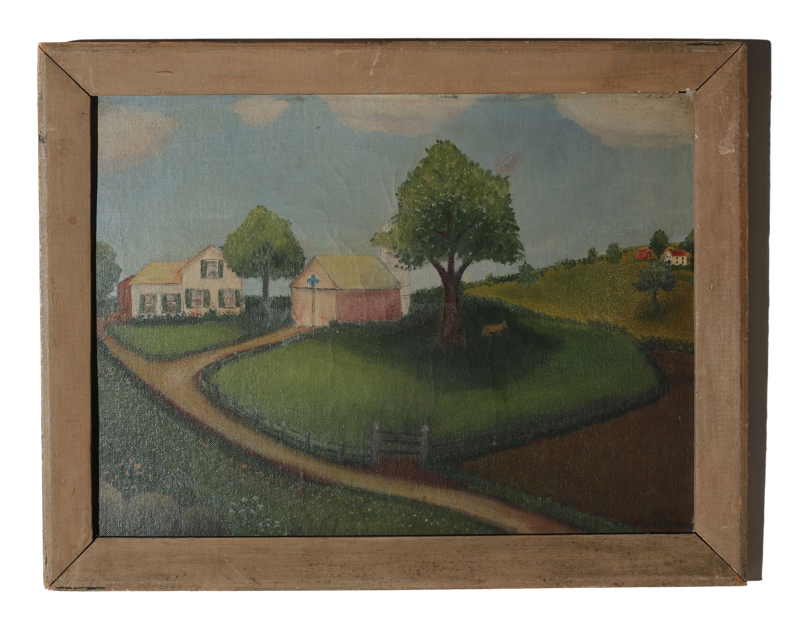 Early 20th c. Pennsylvania Folk Art Landscape: Early 20th c. Pennsylvania Folk Art Landscape Painting on canvas board by Unknown Artist Provenance: Ex. Sterling Strauser Collection. Framed. Size: 11.5'' x 15.75'', 29 x 40 cm (board); 13.75'' x 17.