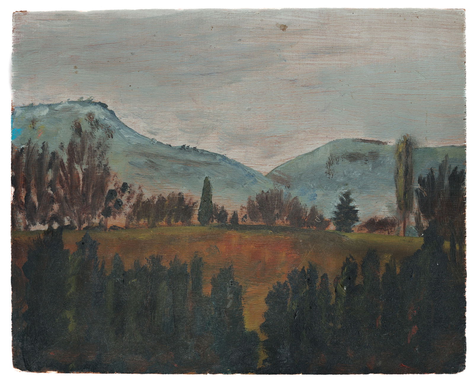 Mid 20th c. Folk Art Painting: Mid 20th c. Folk Art Painting: European Landscape, oil painting on wood, inscribed verso by Unknown Artist. Size: 7.5'' x 9.5'' (19 x 24 cm). Unframed.