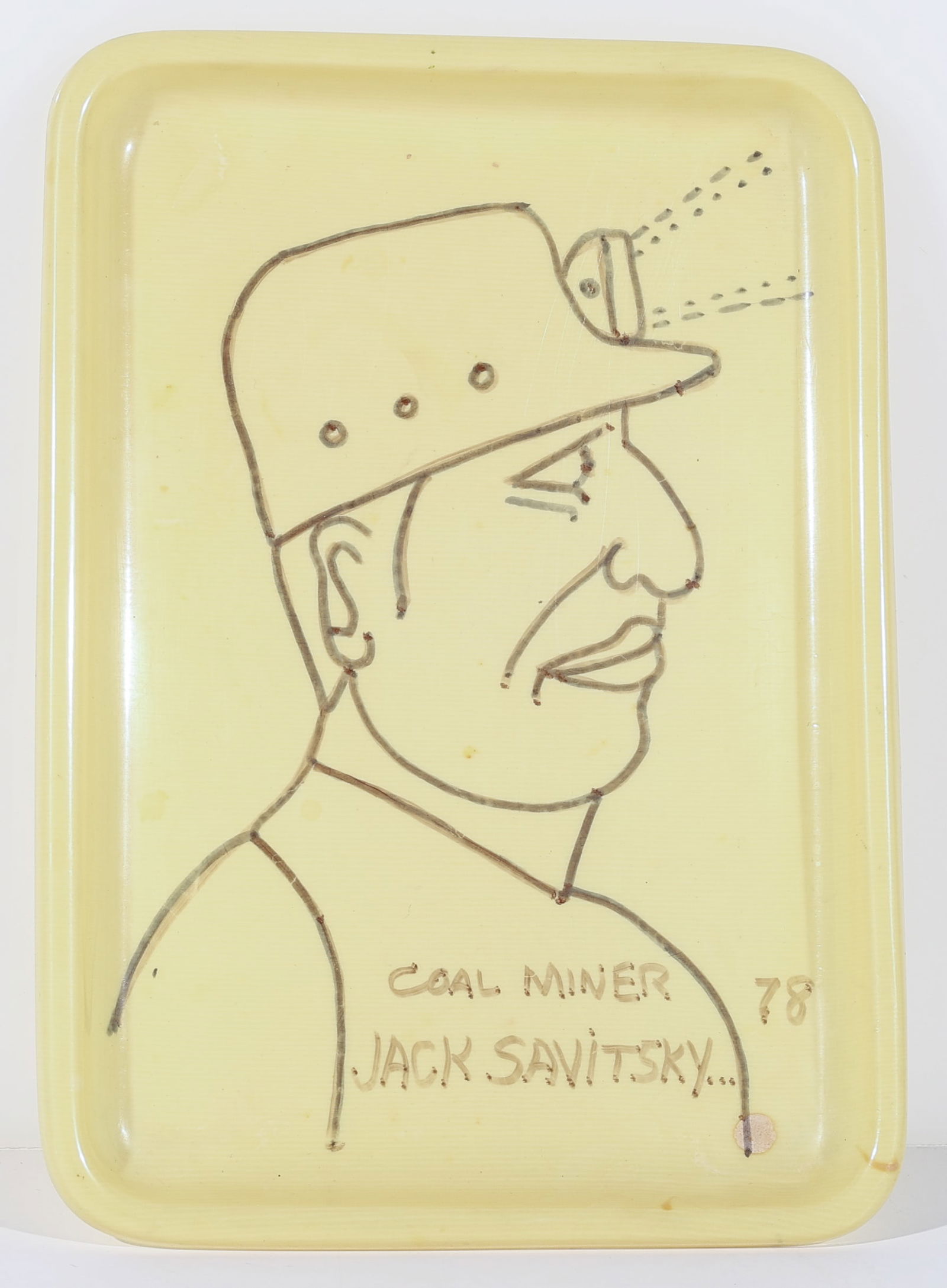 Jack Savitsky (1910-1991) "Coal Miner", 1978: Jack Savitsky (Pennsylvania, 1910-1991) "Coal Miner", 1978, marker on found plastic tray, signed. Unframed. Size: 9'' x 6.25'' (23 x 16 cm).