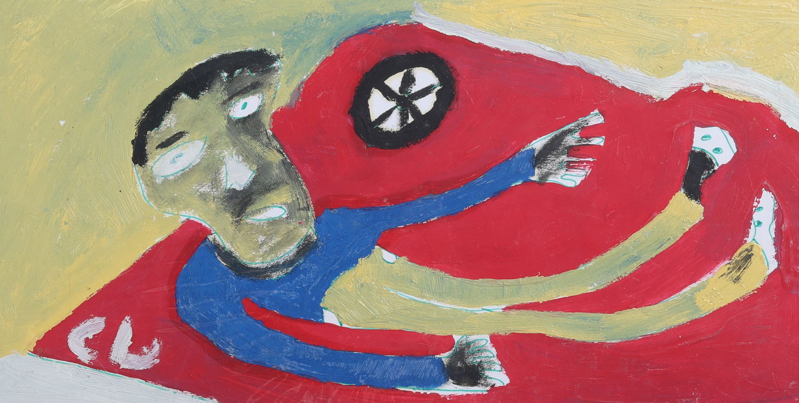 Charlie Lucas (b. 1951) Mixed media on paper: Charlie Lucas (American/Alabama, b. 1951)Untitled (Figure in Blue Shirt), c. 2005-2010Mixed media on paper. Size: 6.25'' x 12.25'' (16 x 31 cm). Provenance: Ex. Jonathan Demme Collection.