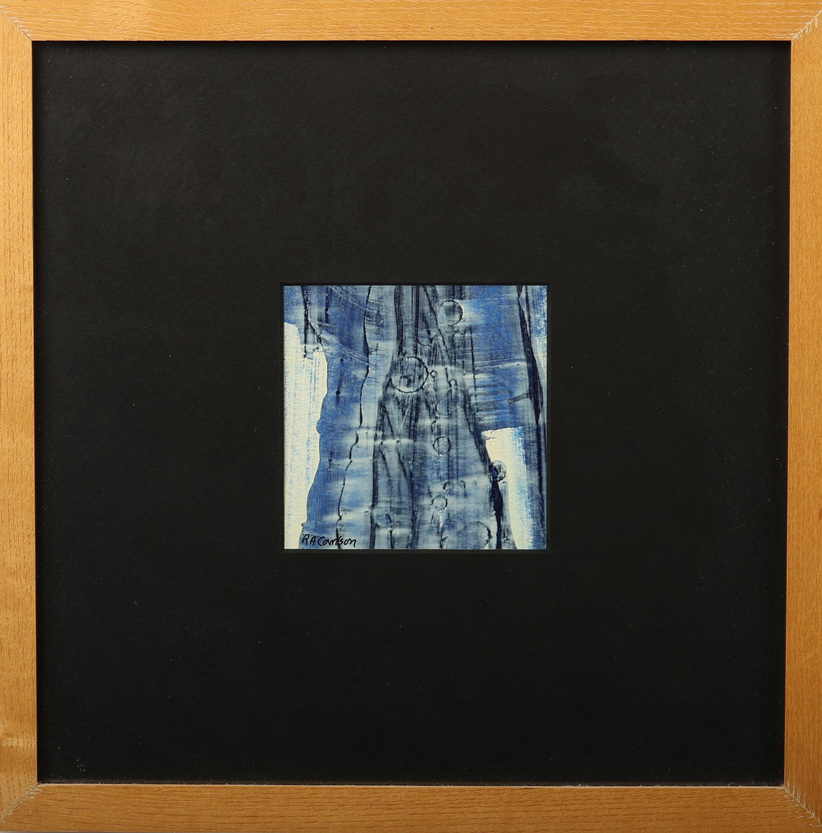 Richard A. Carlson (20th c.) "Indigo Dance": Richard A. Carlson (American/Allentown, 20th c.) "Indigo Dance", 2005, Abstract Painting, signed. Framed. Size: 4'' x 4'', 10 x 10 cm (sight); 13'' x 13'', 33 x 33 cm (frame).