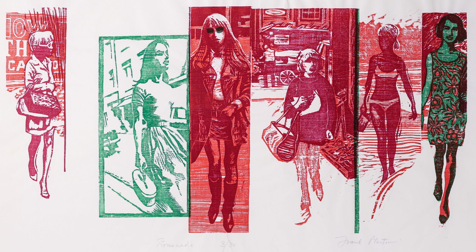 Frank Martin (1921-2005) "Promenade" (ed. 30): Frank Vernon Martin (British, 1921-2005) "Promenade", 1969, Color Woodcut on paper, from edition of 30, titled, numbered and signed. Unframed. Size: 18.75'' x 31.5'', 48 x 80 cm (sheet).