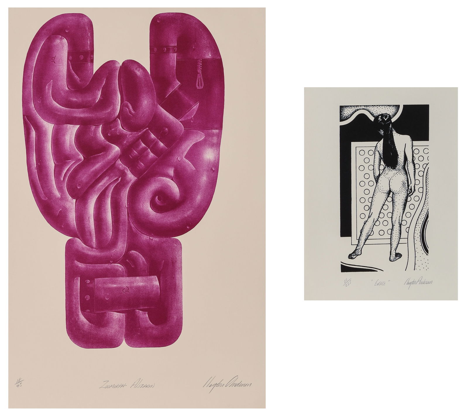 Clayton Anderson (American, b. 1943) Two Works: Clayton Anderson (American, b. 1943) Two Works: 1) "Zoomorph-Alizarin", Surreal lithograph, signed, numbered, and titled, from an edition of 45. Unframed. Size: 30'' x 22.25'', 76 x 57 cm; 2) "Grace",
