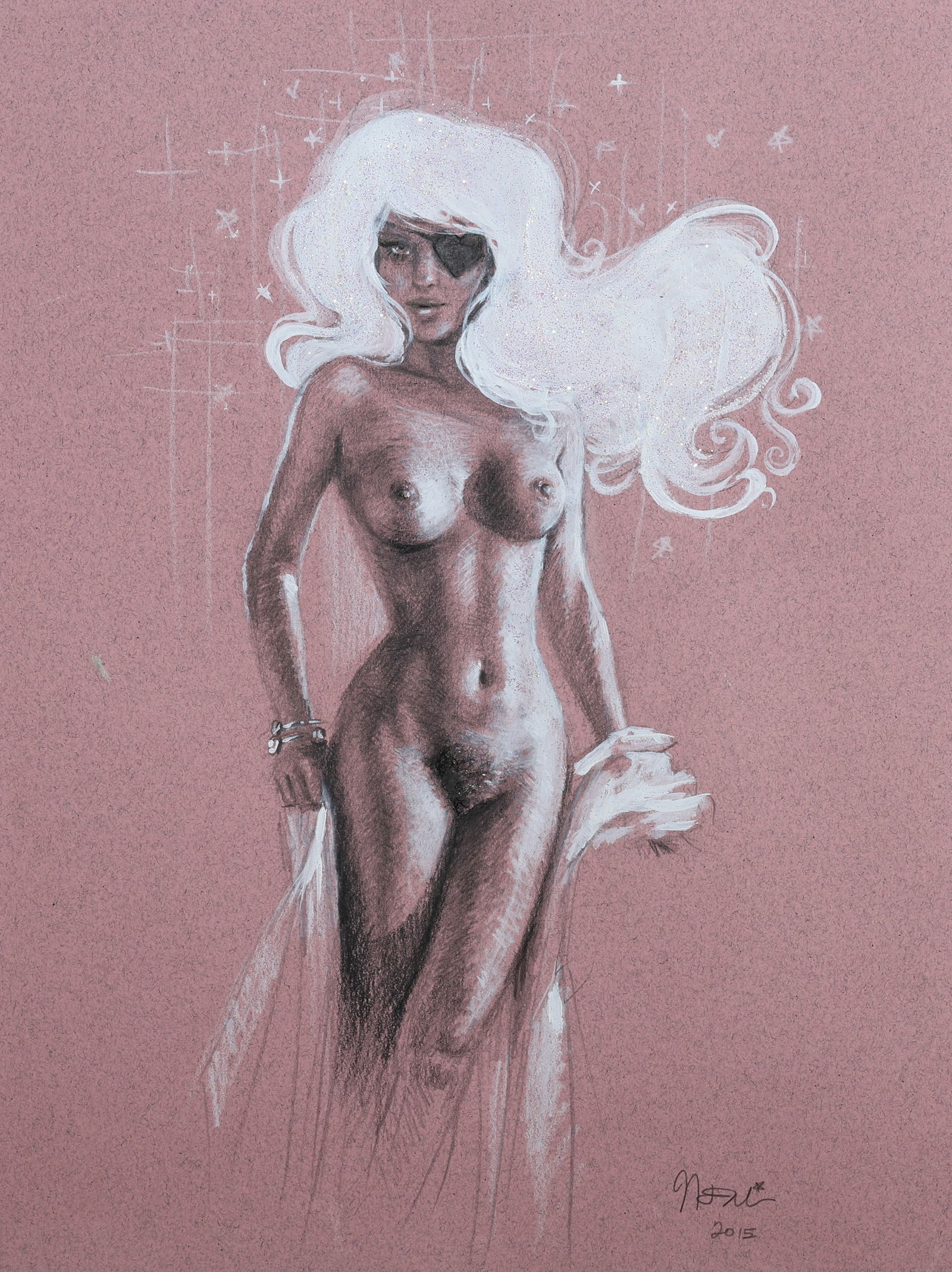 Natalia Fabia (b. 1983) "Nude with Eye Patch", 2015: Natalia Fabia (b. 1983) "Nude with Eye Patch", 2015, mixed media drawing work on paper, signed and dated. Unframed. Provenance: Cotton Candy Machine, Brooklyn NY (Tiny Trifecta). Size: 9'' x 12'' (23