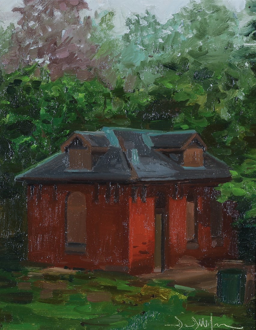 David Campbell Wilson (20th c.) Painting: David Campbell Wilson (Philadelphia, 20th c.) "Horticultural Center Fairmount Park", Summer 2011, painting on canvas board, signed. Framed. Size: 10'' x 18'', 25 x 46 cm (board); 16'' x 14'', 41 x 36