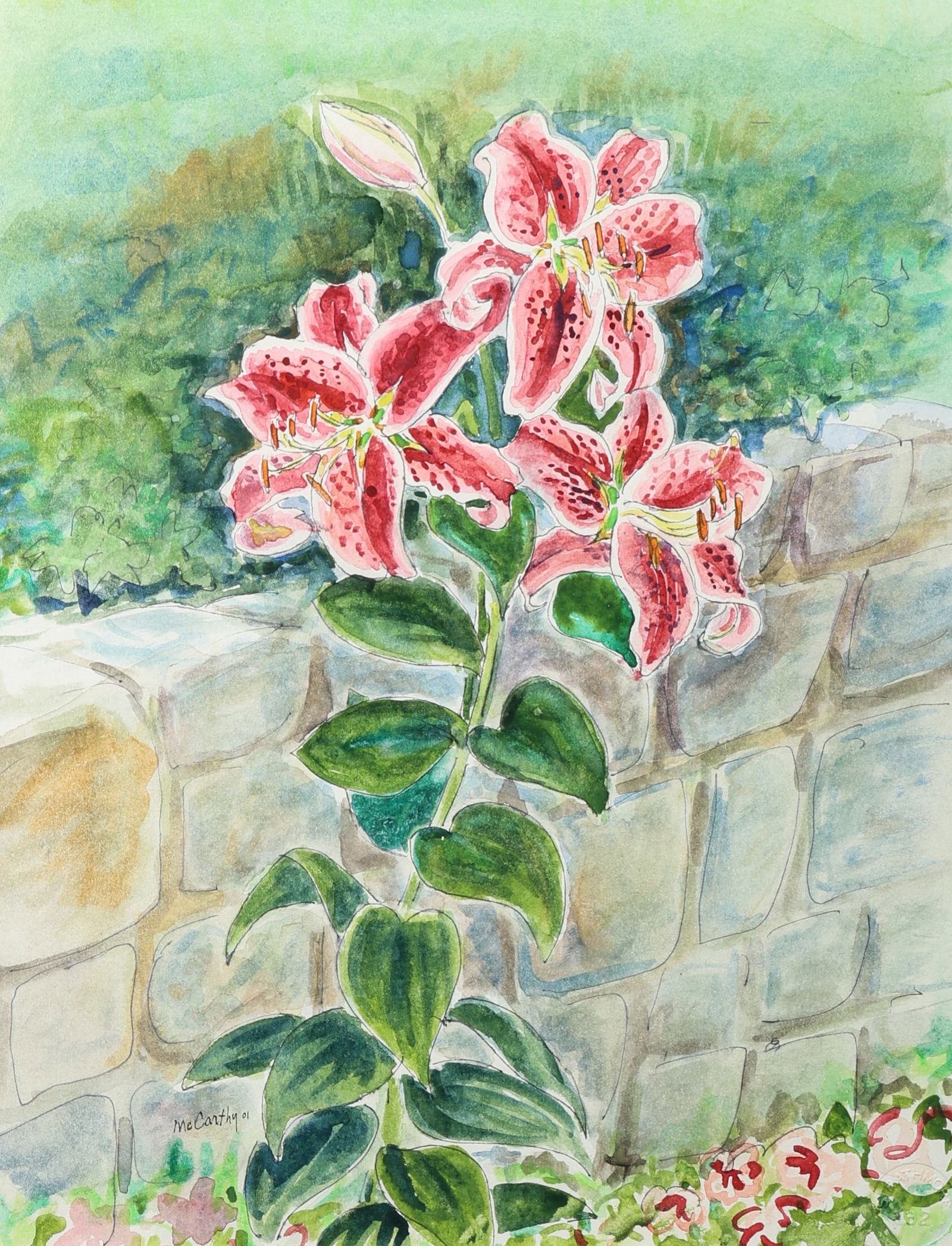 Francis McCarthy (1923-2005) "Garden Wall": Francis McCarthy (American, 1923-2005) "Garden Wall", 2001, watercolor painting on paper, signed and dated. Framed. Size: 13" x 10", 33 x 25 cm (sight), 21" x 17", 53 x 43 cm (frame).