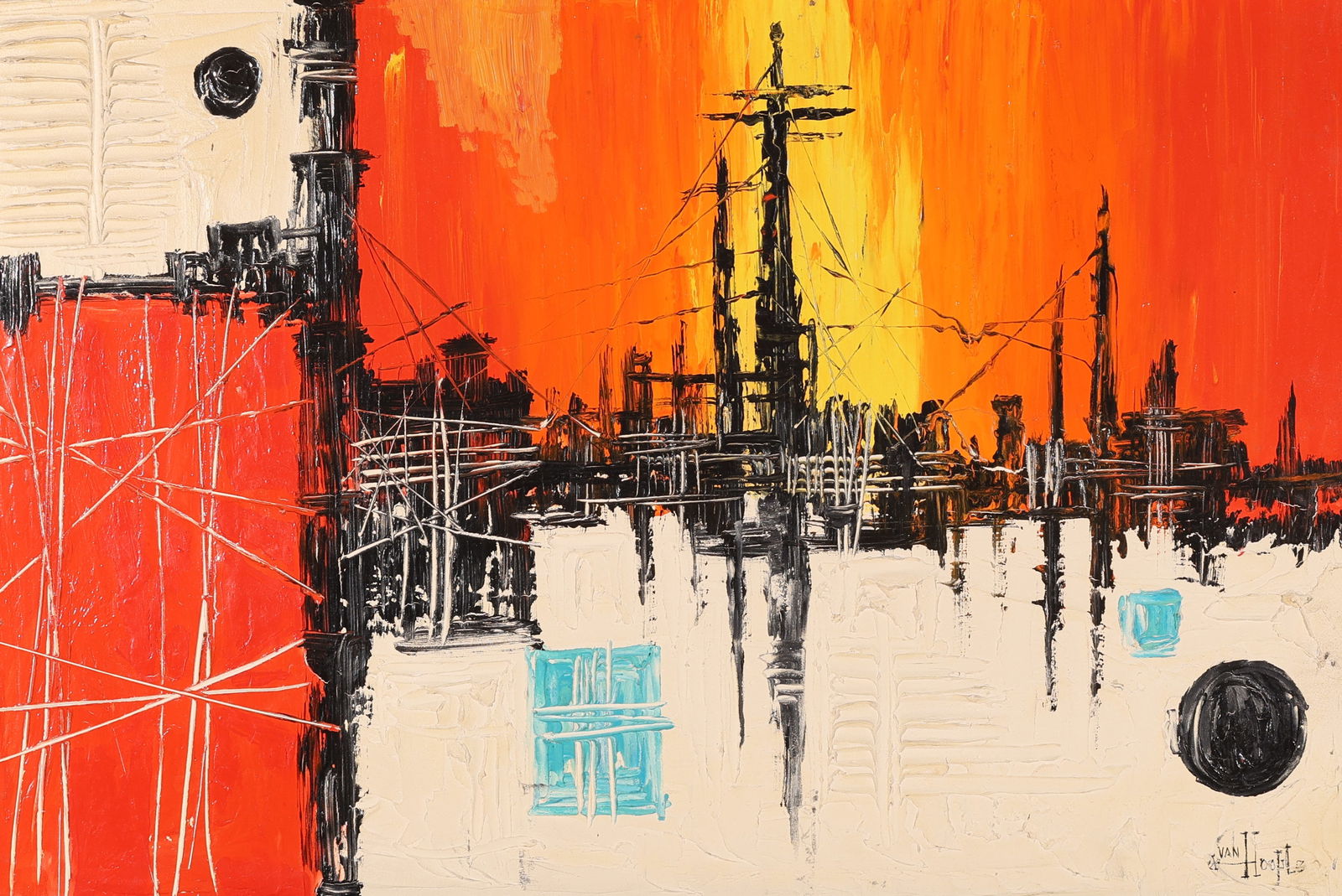 Van Hoople (b. 1936) Painting: Van Hoople (b. 1936) Abstract Mid Century Pop Art Landscape Painting, Oil on board, signed. Framed. Size: 24'' x 36'', 61 x 91 cm (masonite); 25'' x 37'', 64 x 94 cm (frame).