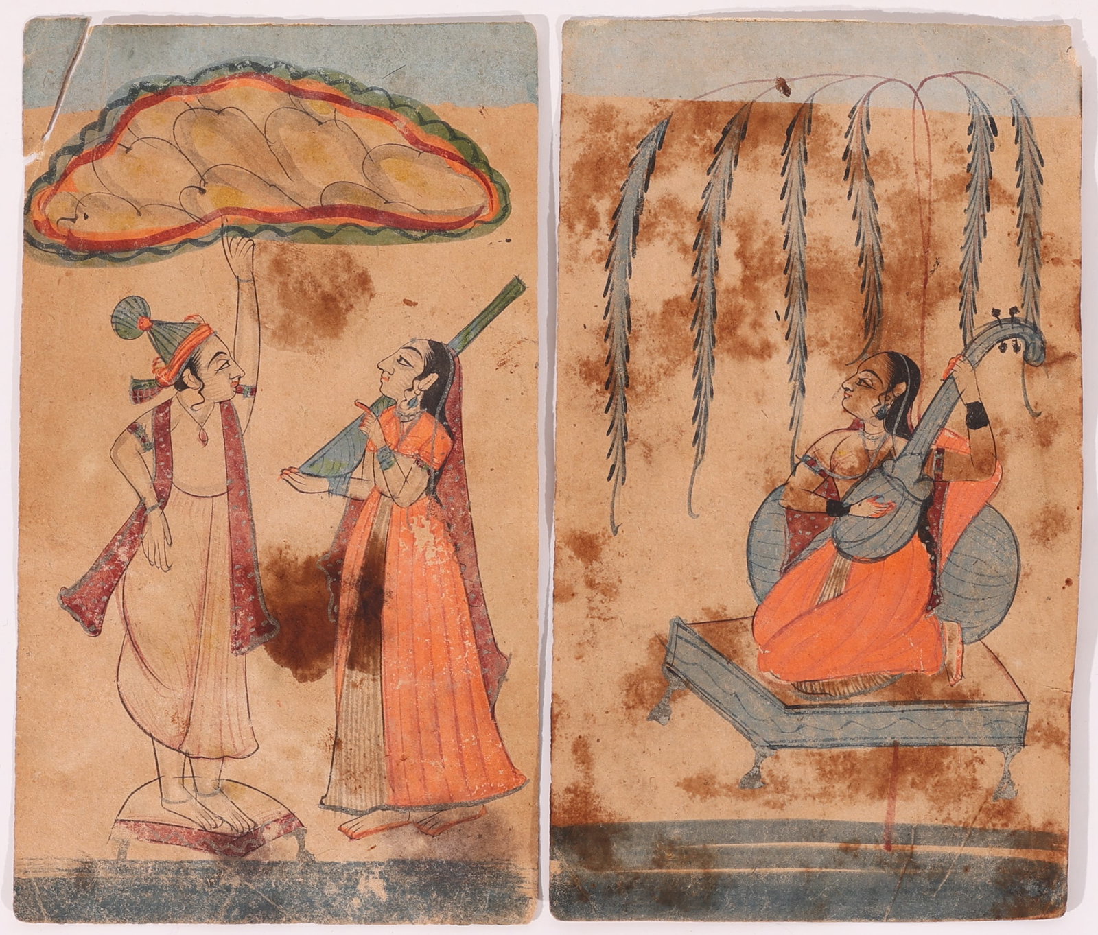 Set of (2) Antique Indian Paintings: Krishna, Radha, Musician: Set of (2) Antique Indian Paintings: Left) Krishna and Radha (Hindu goddess and the chief consort of the god Krishna); Right) Woman playing a tambor (Symbolizing devotion and purity). Each size: 5.5''