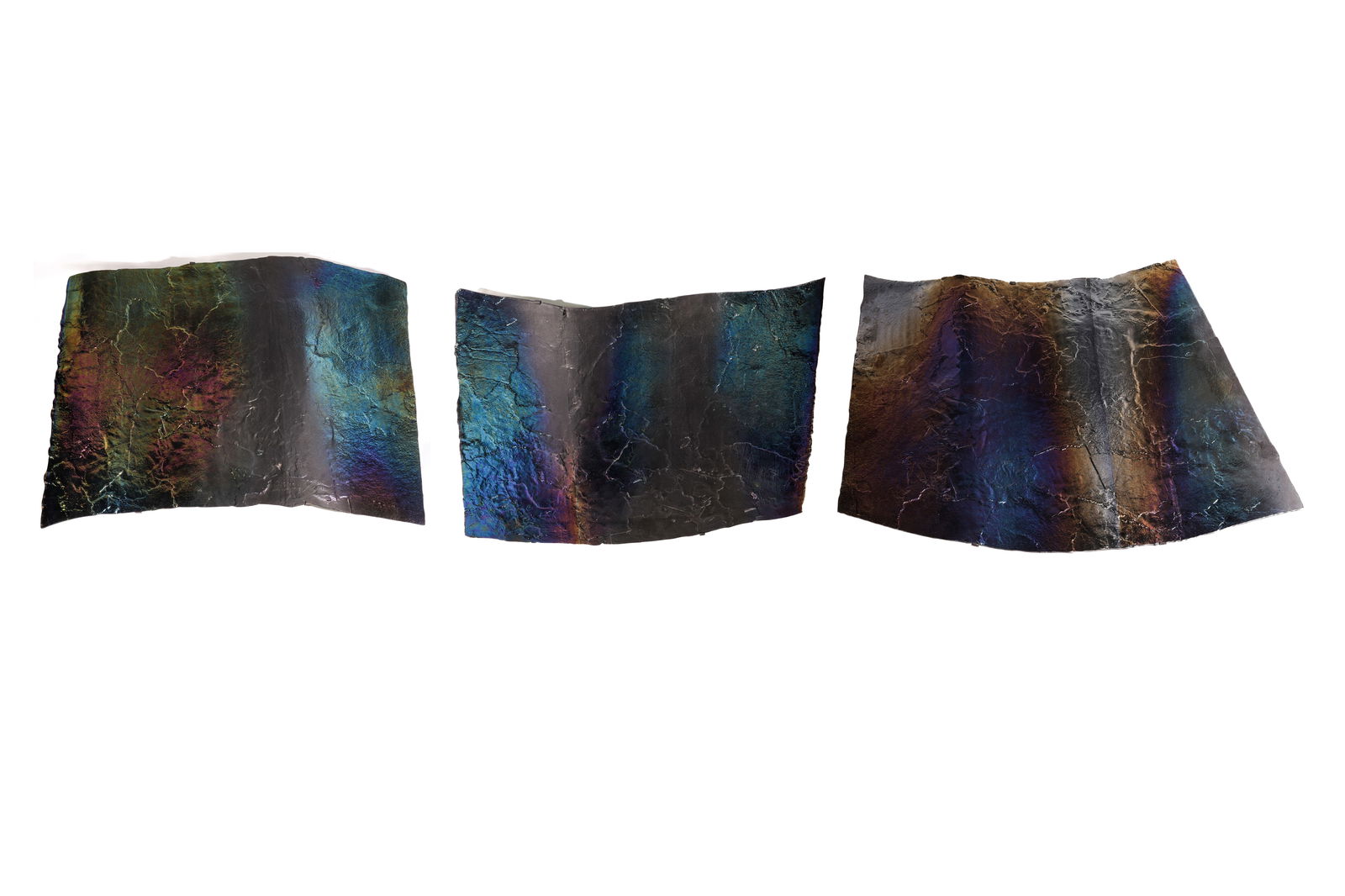 (Set of 3) Raku Fired Glass Wall Panels: (Set of 3) Paul Housberg (b. 1953) Raku Fired Architectural Art Glass Wall Panels, one signed. Largest Size: 31'' x 40.5'' (79 x 103 cm).