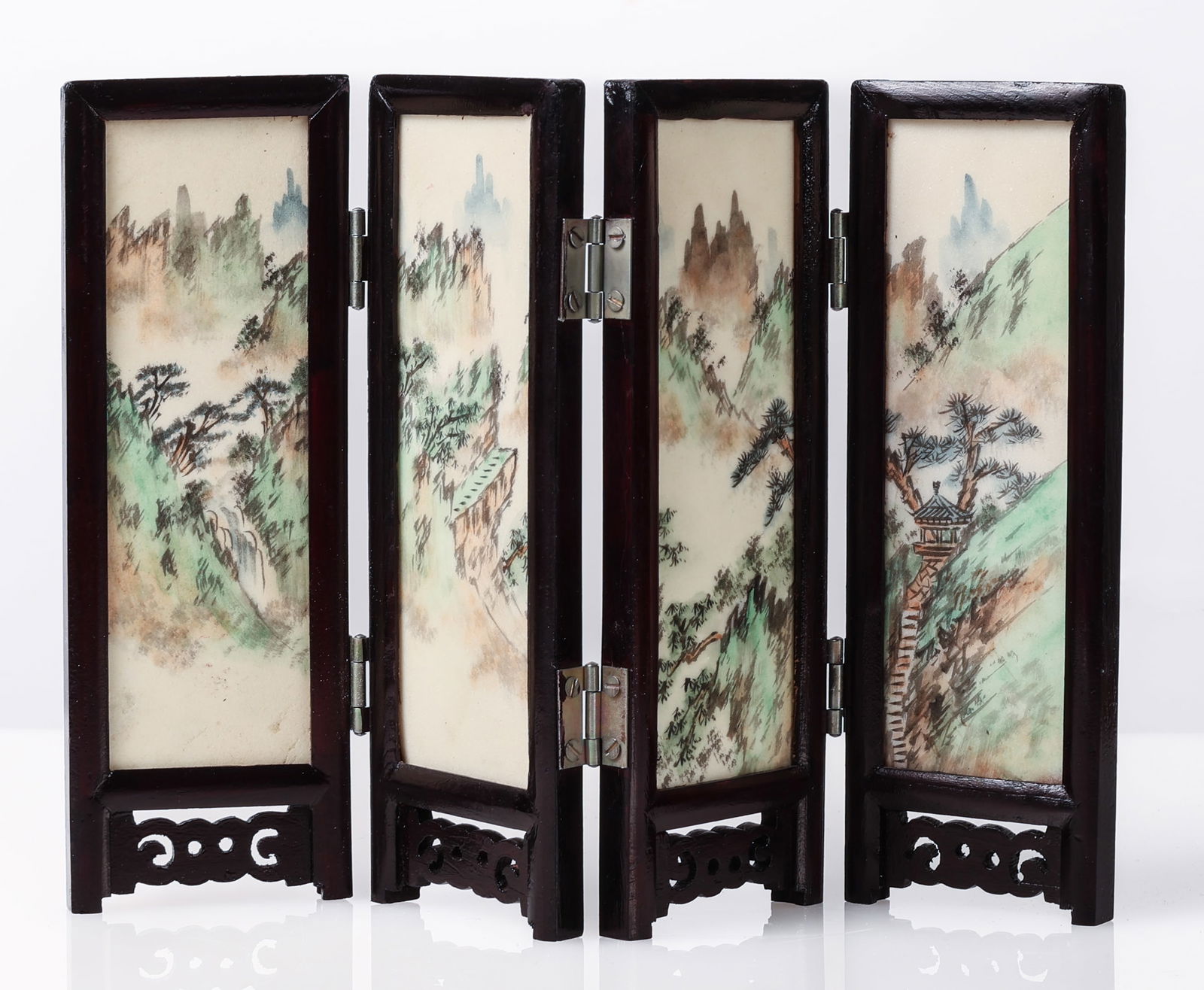 Miniature Table Top Folding Screen: Miniature Table Top Folding Screen Hand-Painted Stone Panels. Open Size: 9.25'' x 6.5'' (23 x 17 cm). Folded: 6.5'' x 2.5'' x 1.5'' (17 x 6 x 4 cm).